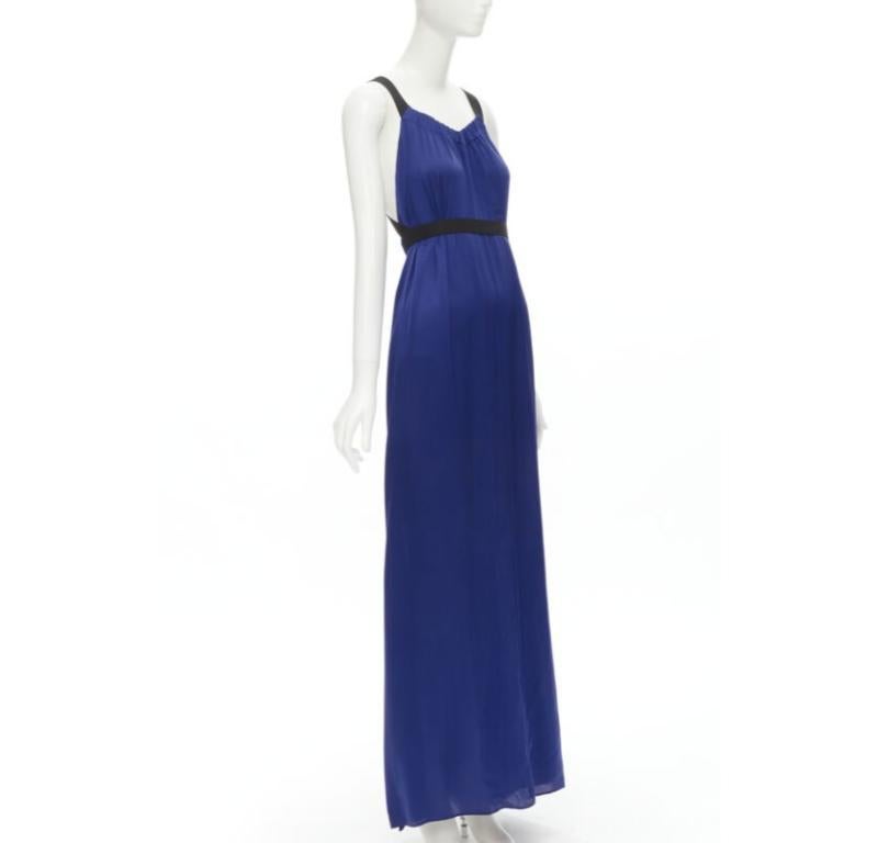 Violet THEORY - Robe longue bleu cobalt 100 % soie noire à bandes croisées ouvertes au dos XS en vente