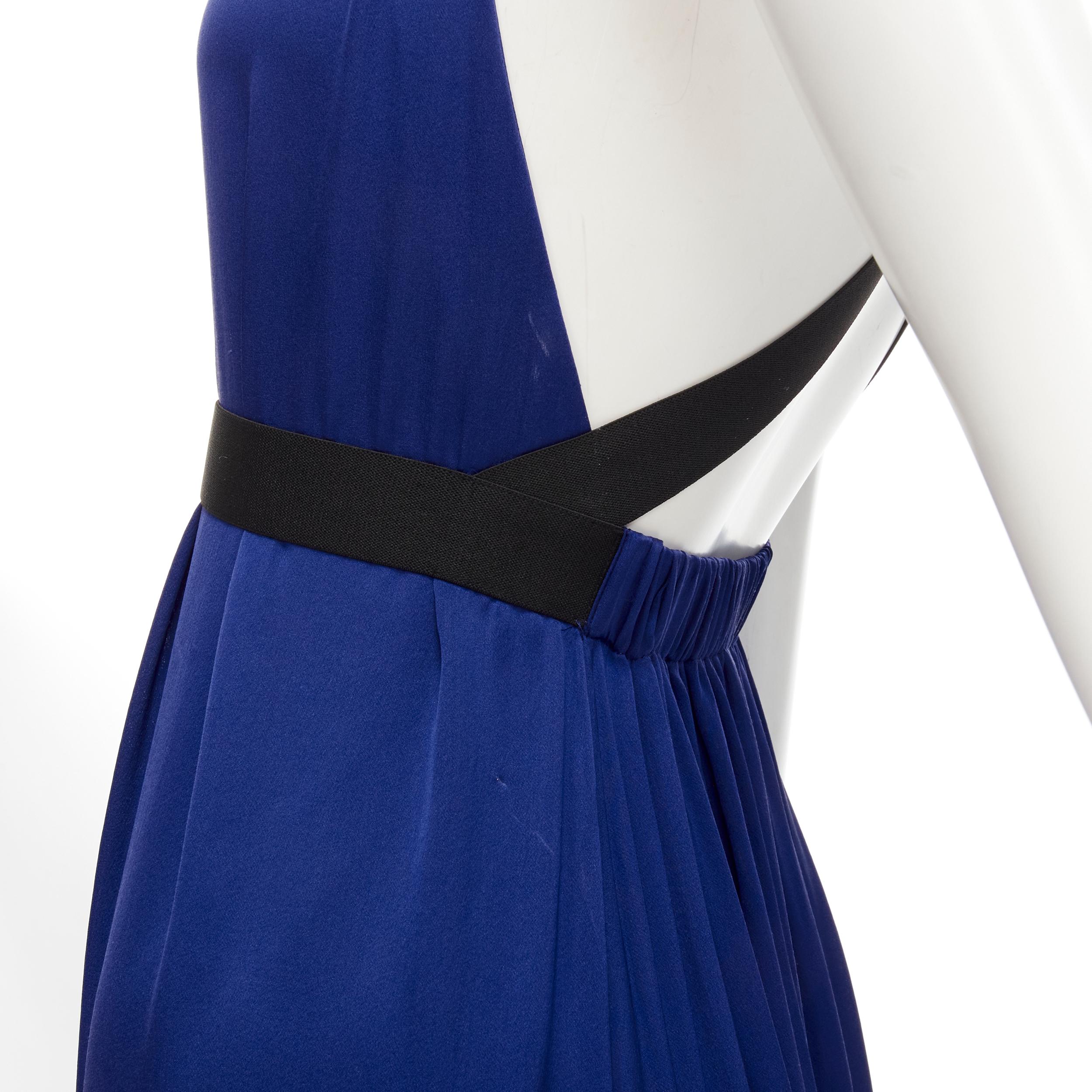 THEORY cobalt blue 100% silk black elastic cross band open. back maxi dress XS In Good Condition For Sale In Hong Kong, NT