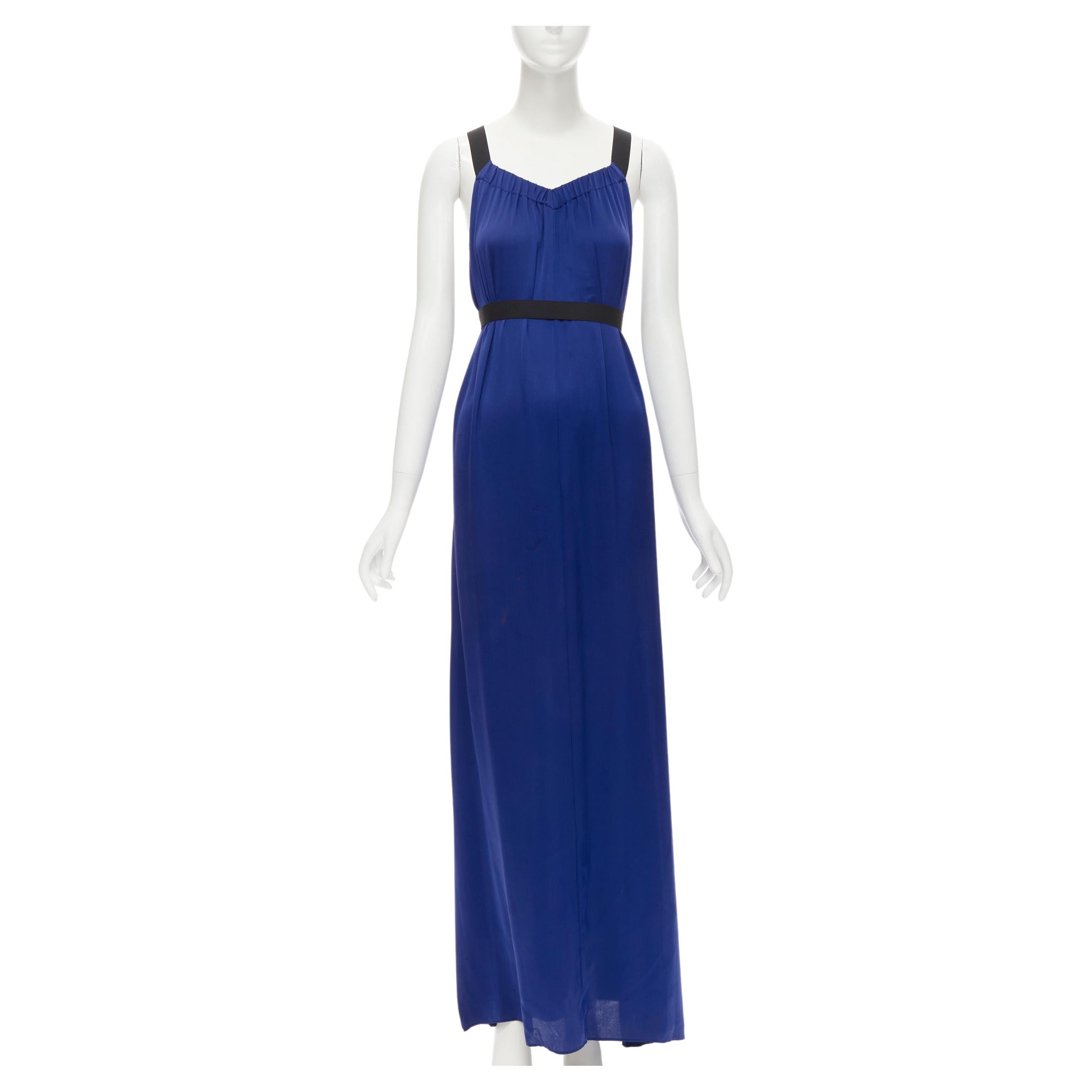 THEORY cobalt blue 100% silk black elastic cross band open. back maxi dress XS For Sale