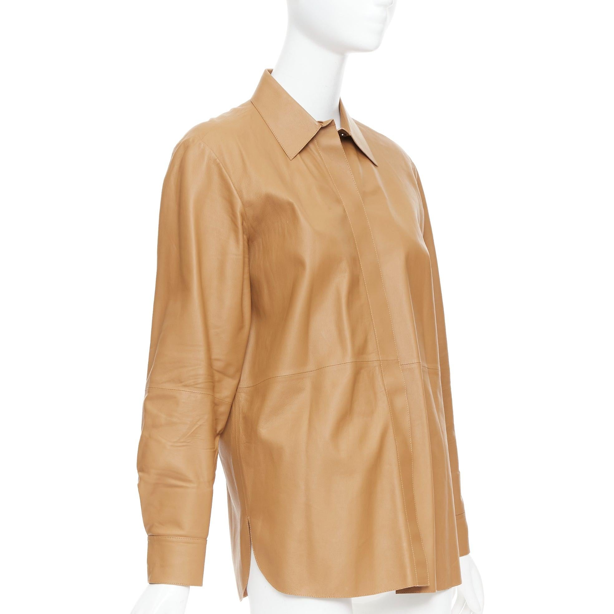 Brown THEORY L Nappa Shine brown lambskin leather panelled shirt XS For Sale