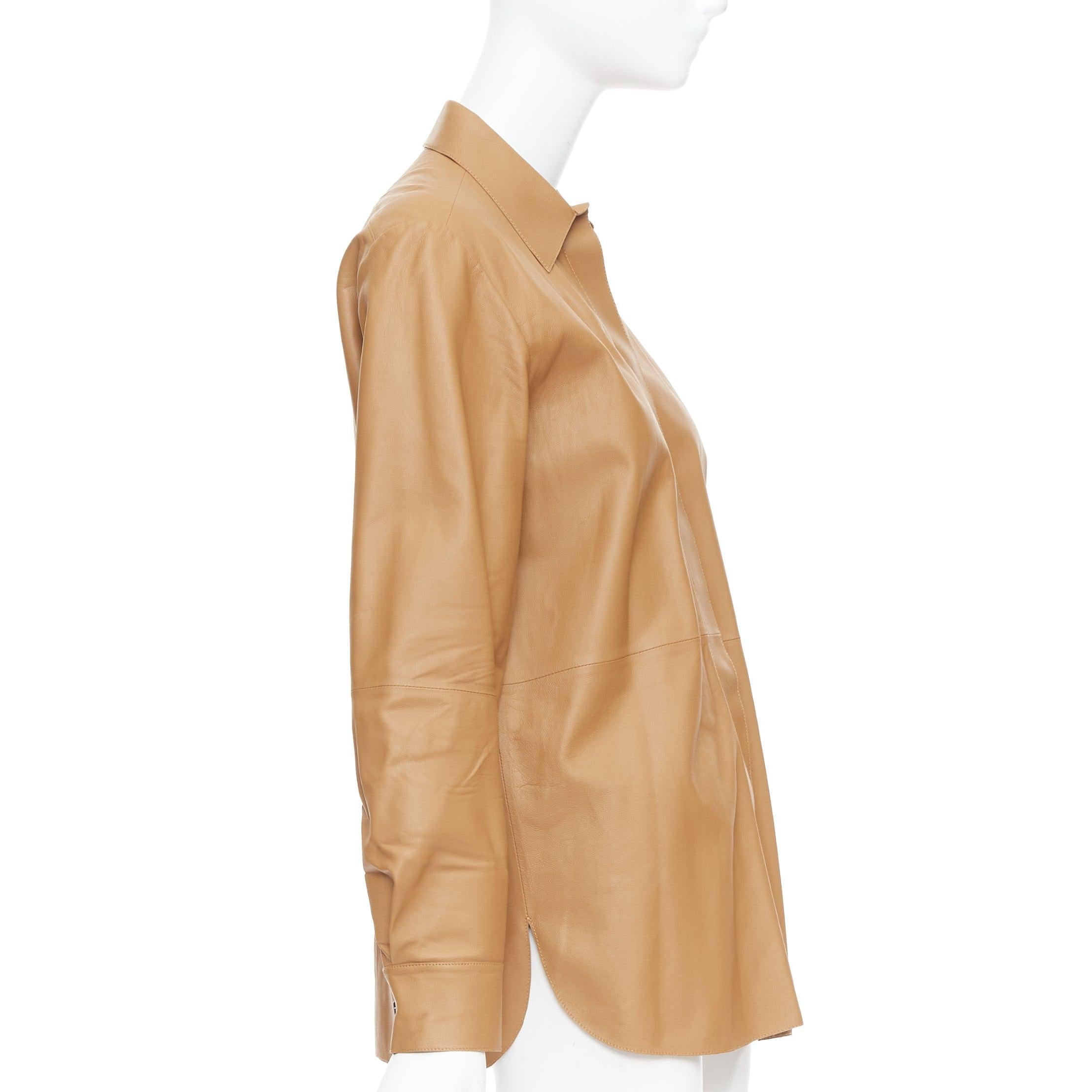 THEORY L Nappa Shine brown lambskin leather panelled shirt XS In Good Condition For Sale In Hong Kong, NT