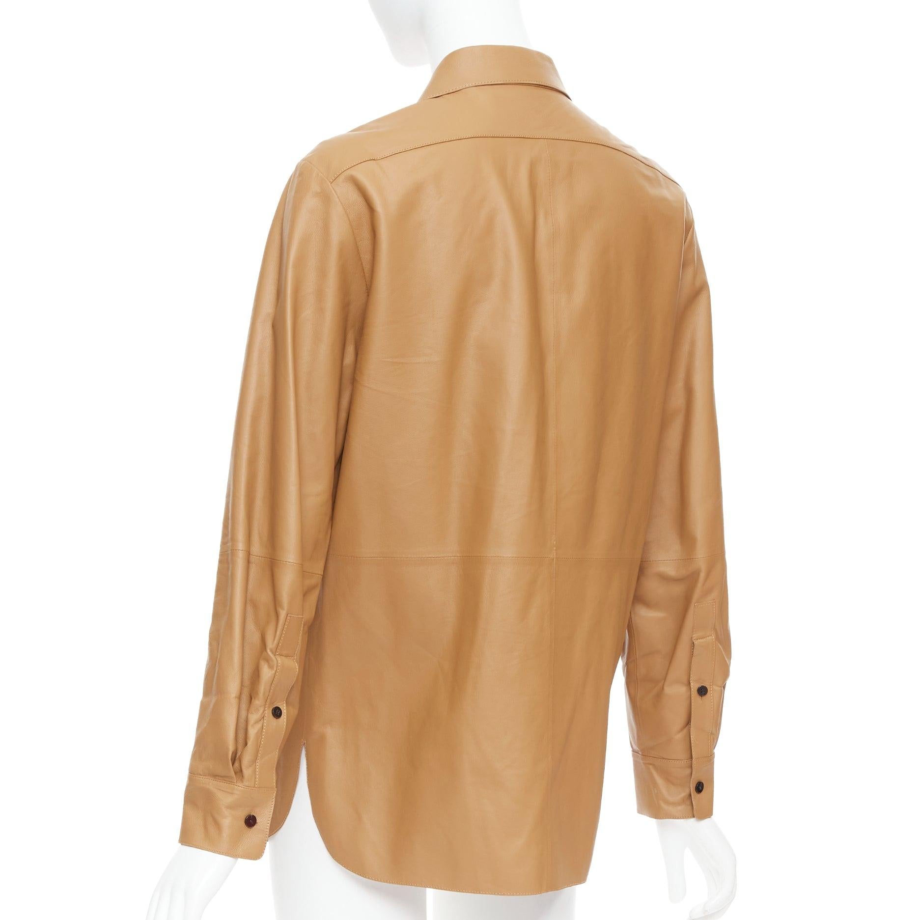 THEORY L Nappa Shine brown lambskin leather panelled shirt XS For Sale 1