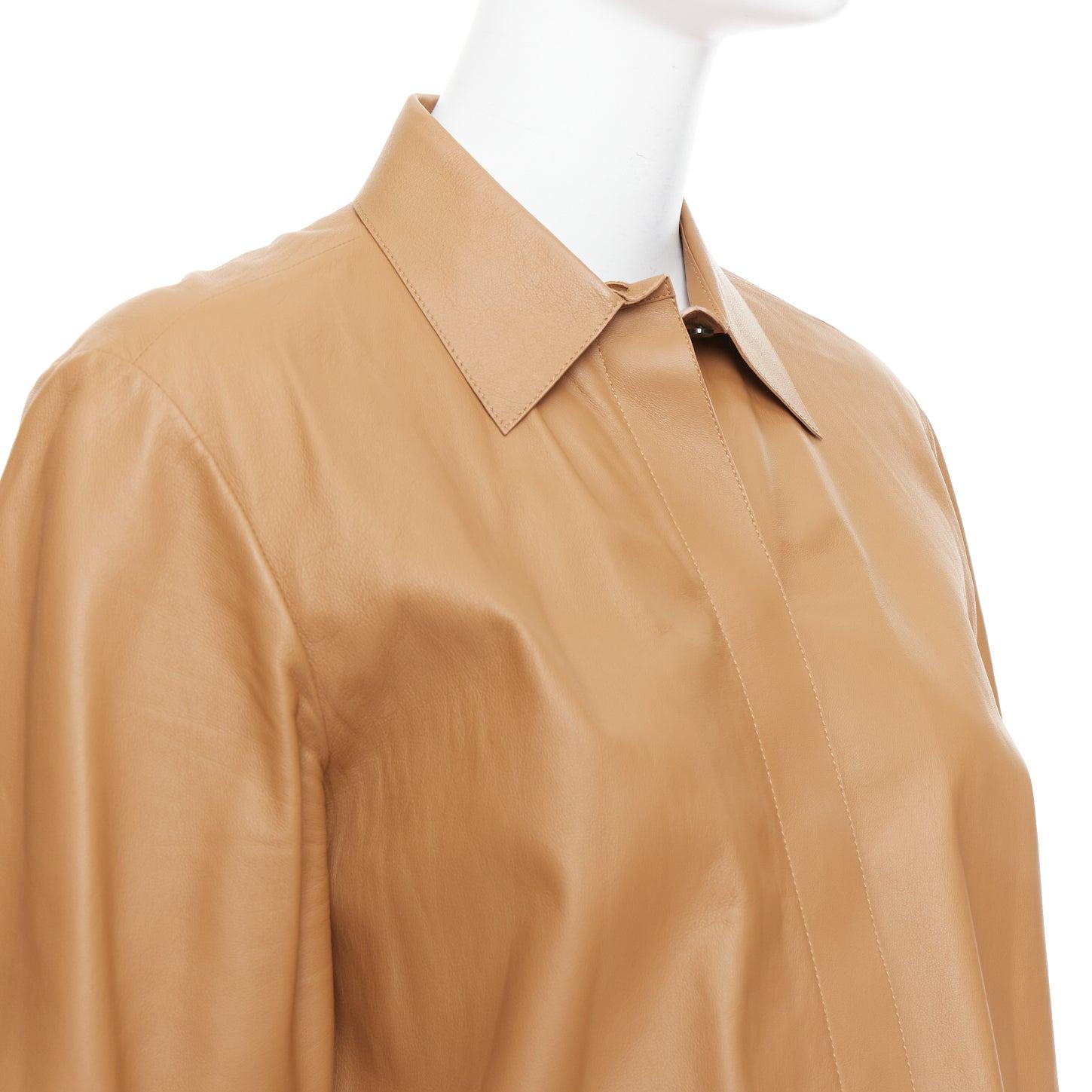 THEORY L Nappa Shine brown lambskin leather panelled shirt XS For Sale 2