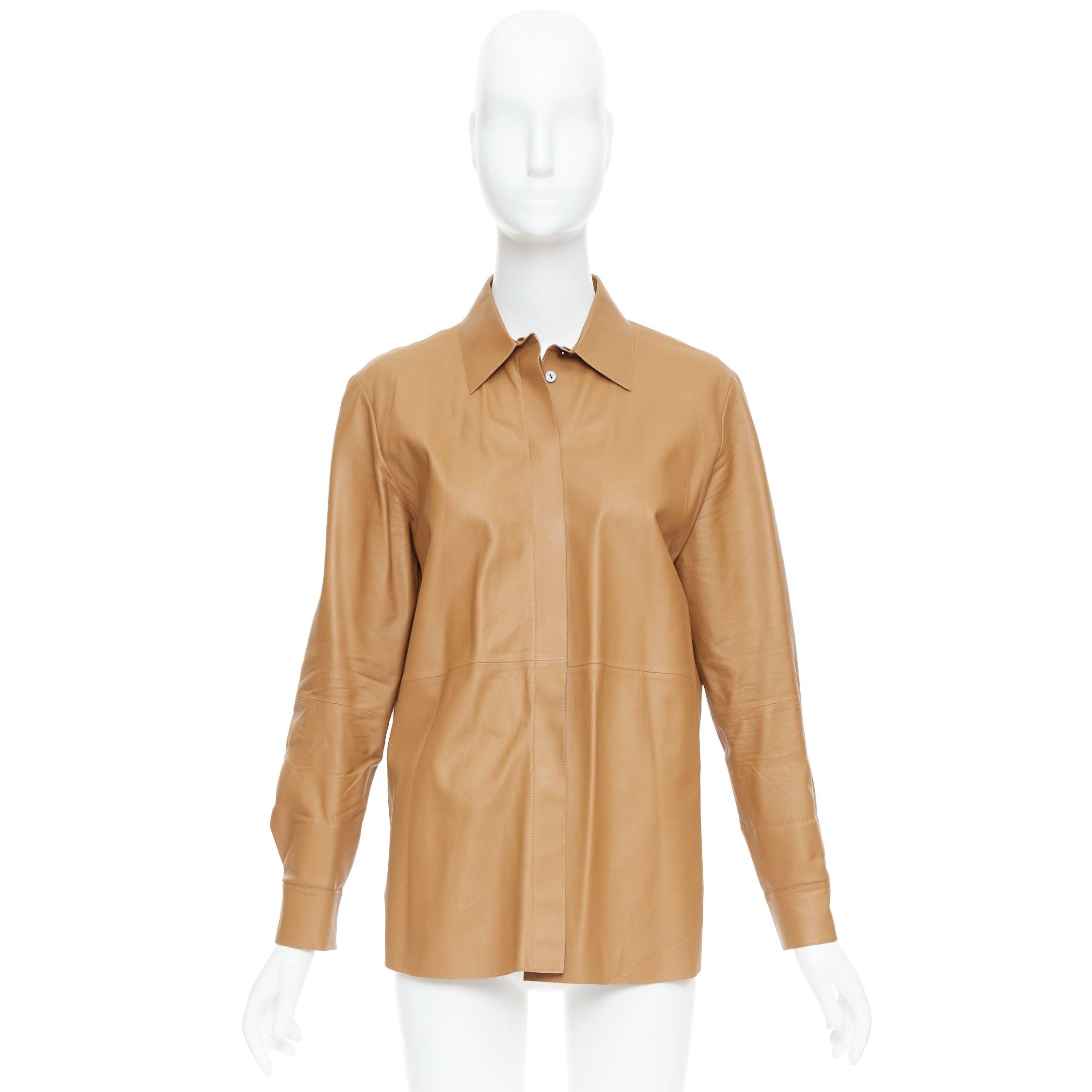 THEORY L Nappa Shine brown lambskin leather panelled shirt XS For Sale 4