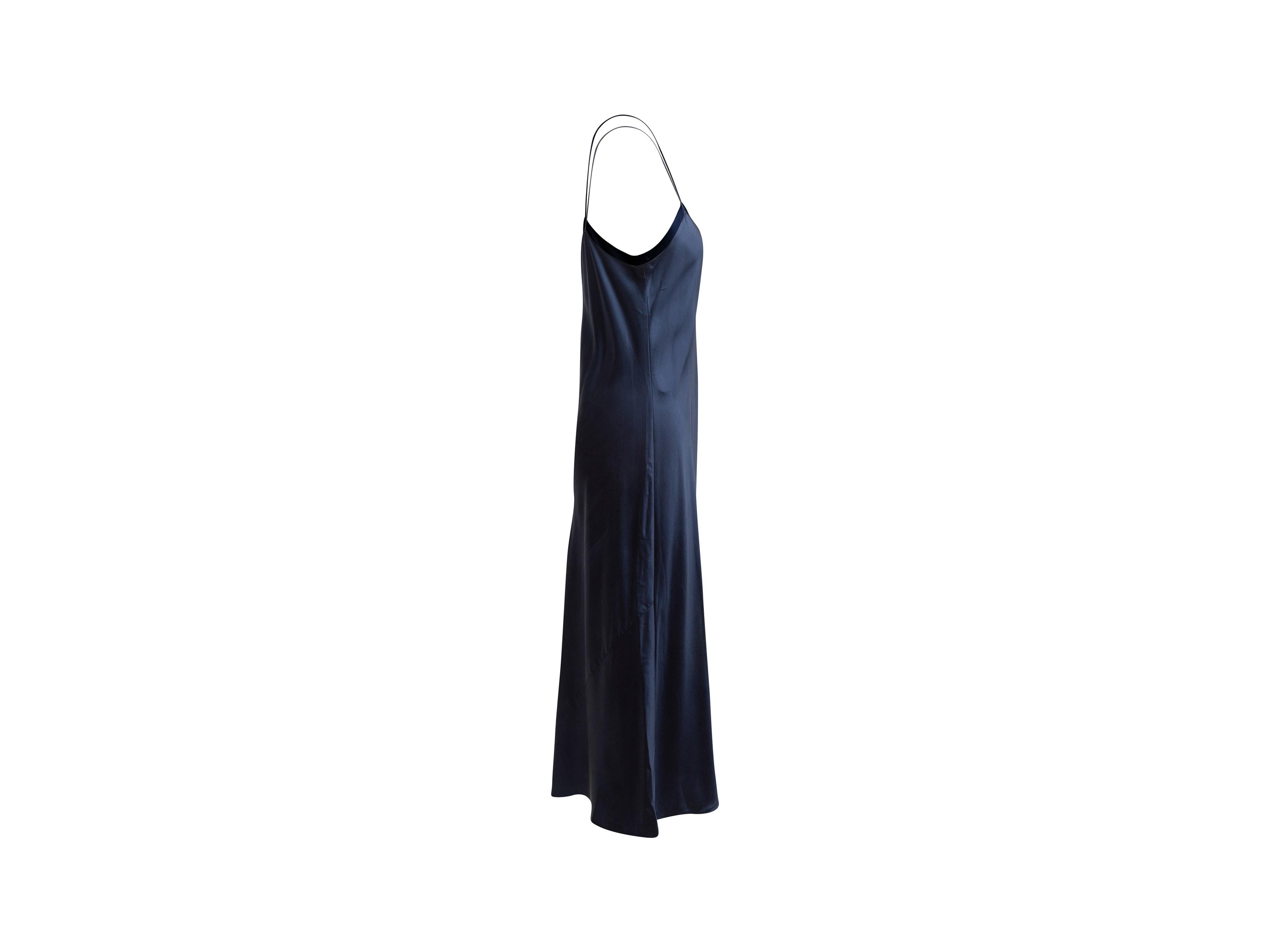 Product details: Navy silk sleeveless maxi slip dress by Theory. Scoop neckline. 40