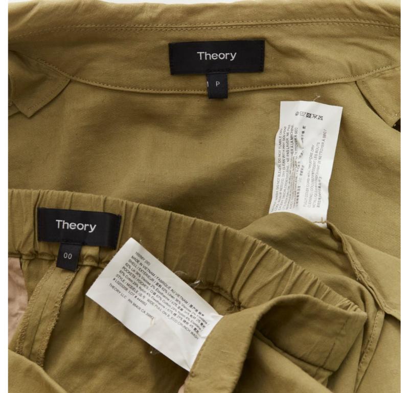 THEORY olive green linen blend tie belt relaxed jacket wide leg pants set US0 XS For Sale 6