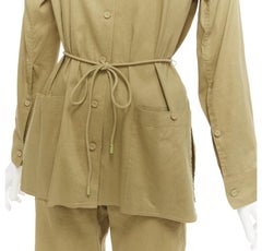THEORY olive green linen blend tie belt relaxed jacket wide leg pants set US0 XS