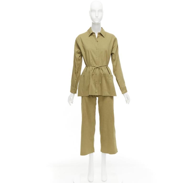 Brown THEORY olive green linen blend tie belt relaxed jacket wide leg pants set US0 XS For Sale