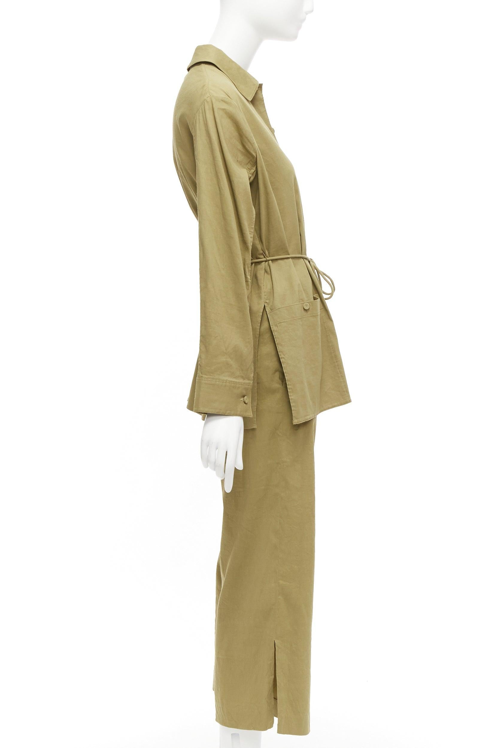 THEORY olive green linen blend tie belt relaxed jacket wide leg pants set US0 XS In Fair Condition For Sale In Hong Kong, NT
