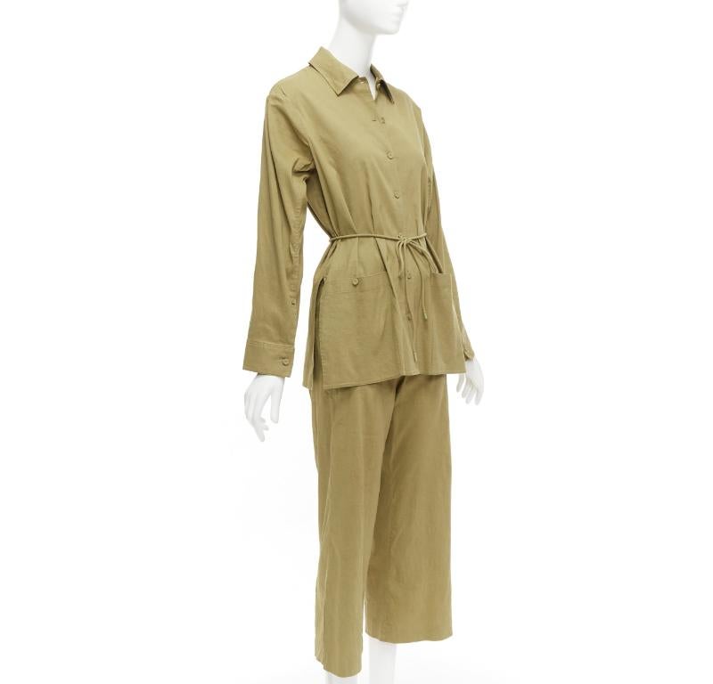 THEORY olive green linen blend tie belt relaxed jacket wide leg pants set US0 XS In Fair Condition For Sale In Hong Kong, NT