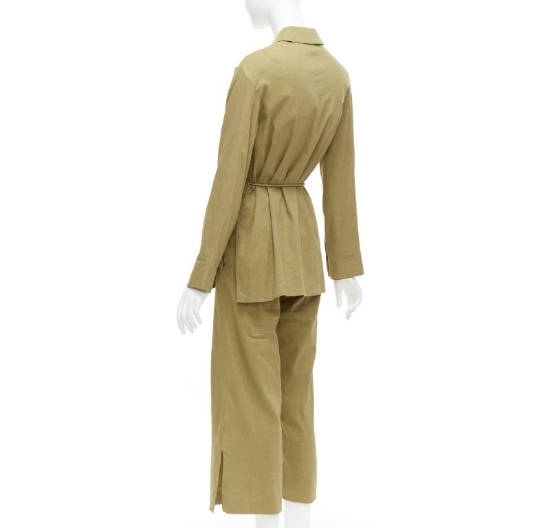 THEORY olive green linen blend tie belt relaxed jacket wide leg pants set US0 XS For Sale 2