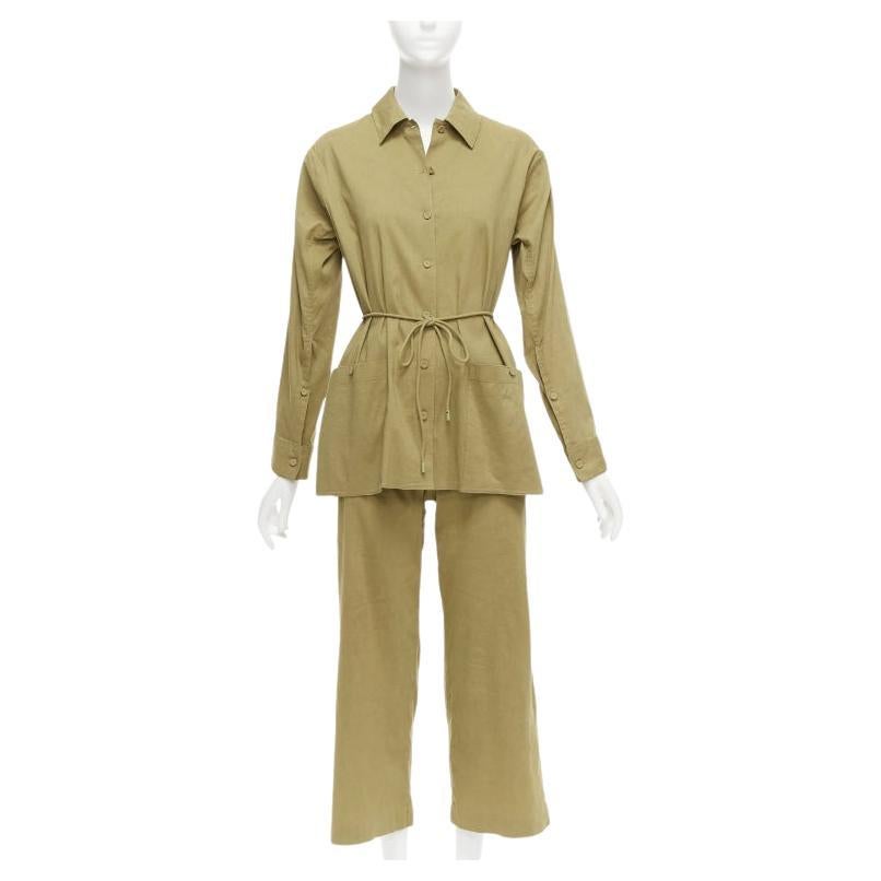 THEORY olive green linen blend tie belt relaxed jacket wide leg pants set US0 XS For Sale