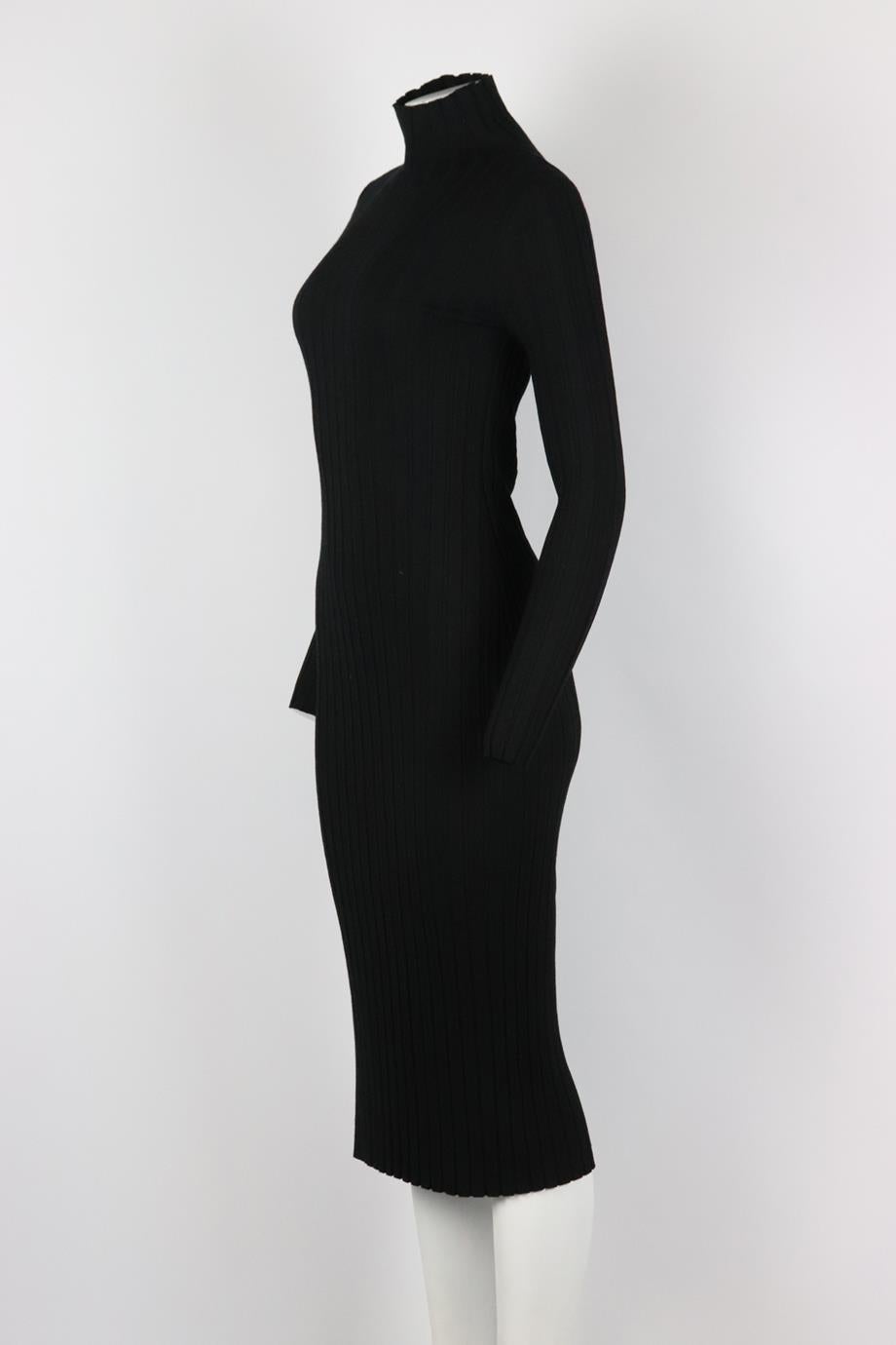 Theory ribbed knit midi dress. Black. Long sleeve, turtleneck. Slips on. 90% Viscose, 10% polyester. Size Medium (UK 10, US 6, FR 38, IT 42) Bust: 30 in. Waist: 28 in. Hips: 34 in. Length: 48 in. Very good condition - As new condition, no sign of