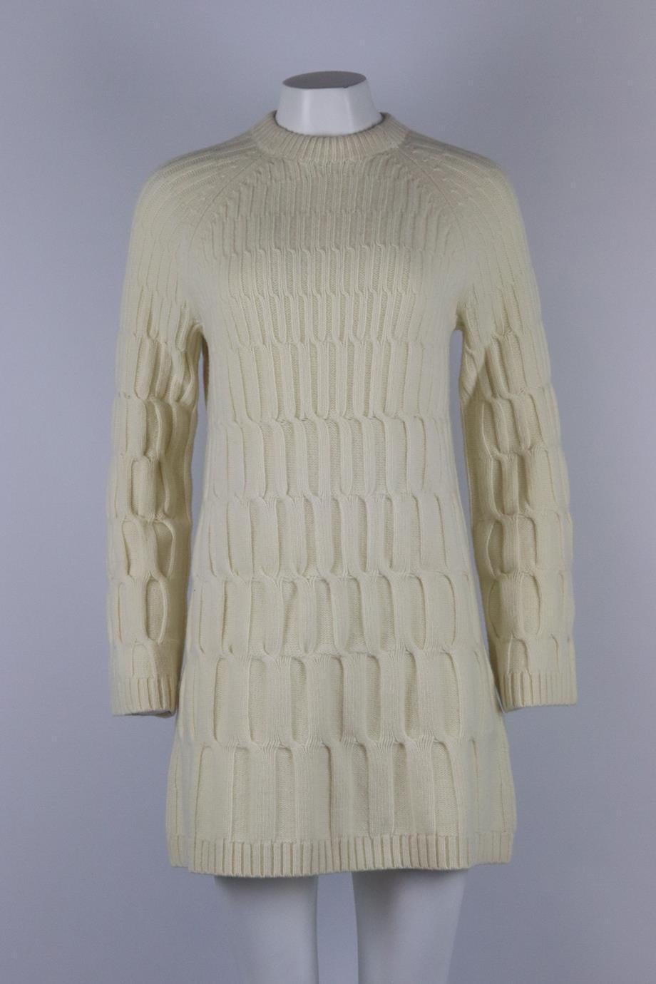 Theory ribbed wool and cashmere blend mini dress. Cream. Long sleeve, crewneck. Slips on. 90% Wool, 10% cashmere. Size: Small (UK 8, US 4, FR 36, IT 40). Bust: 38 in. Waist: 36 in. Hips: 41 in. Length: 32 in. Very good condition - As new condition,