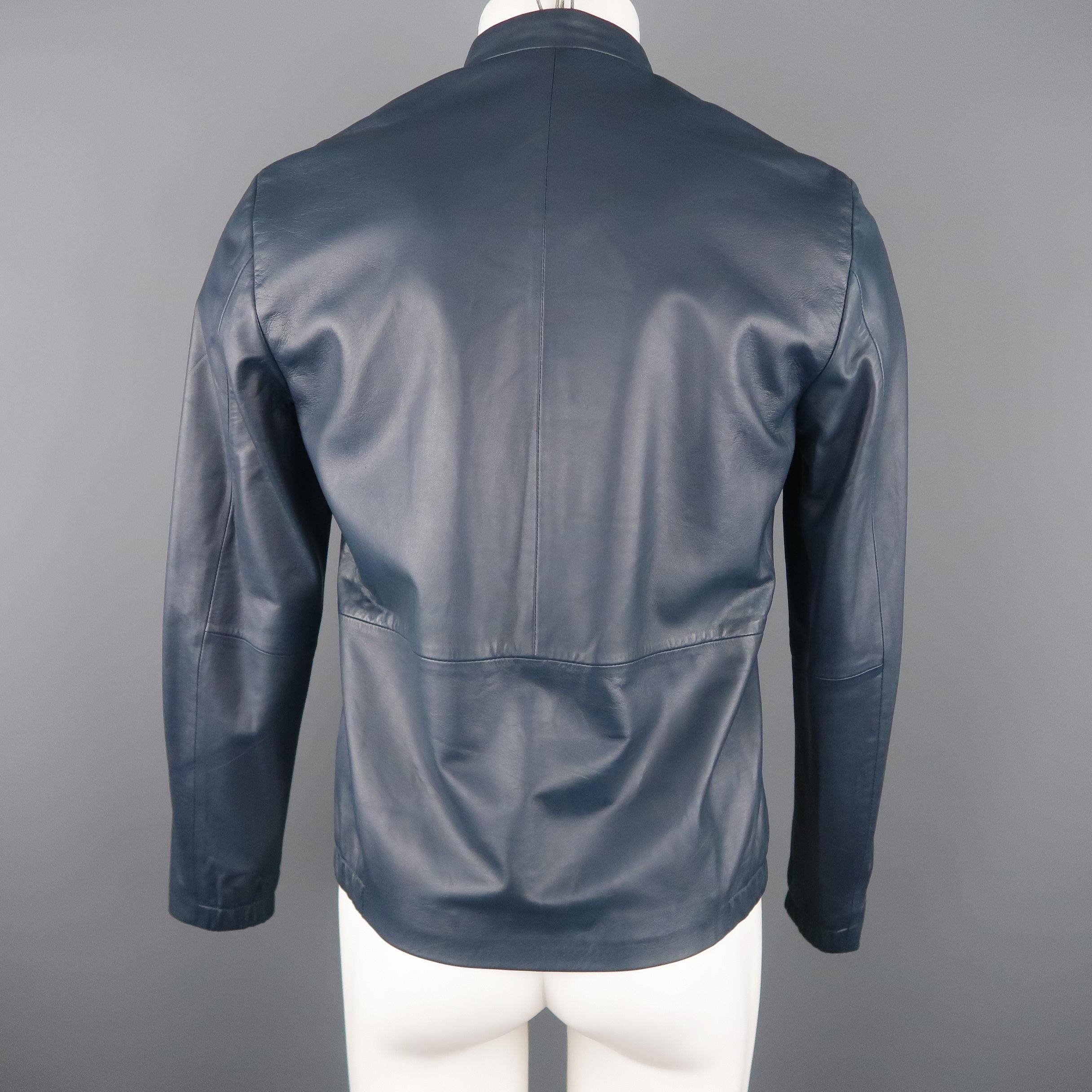 THEORY S Navy Solid Leather Jacket In Excellent Condition In San Francisco, CA