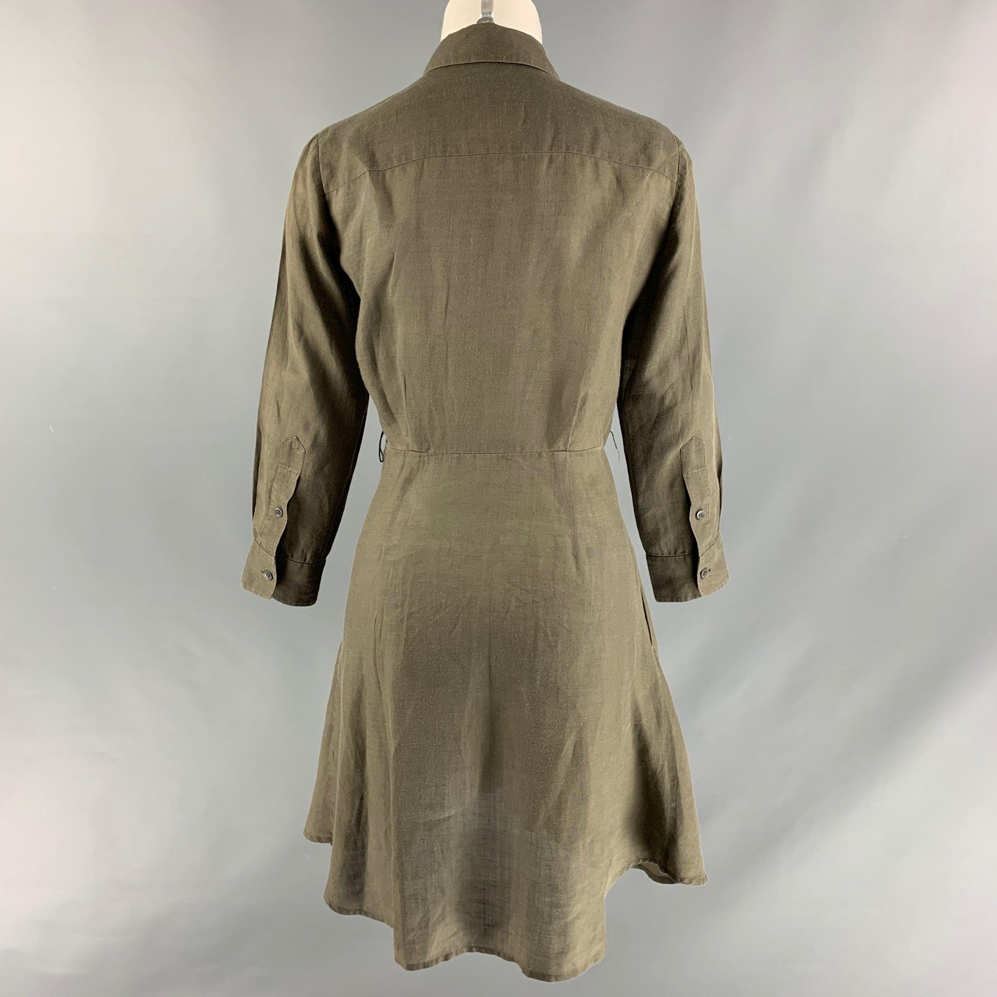 THEORY Size 2 Olive Ramie Solid Shirt dress In Good Condition For Sale In San Francisco, CA