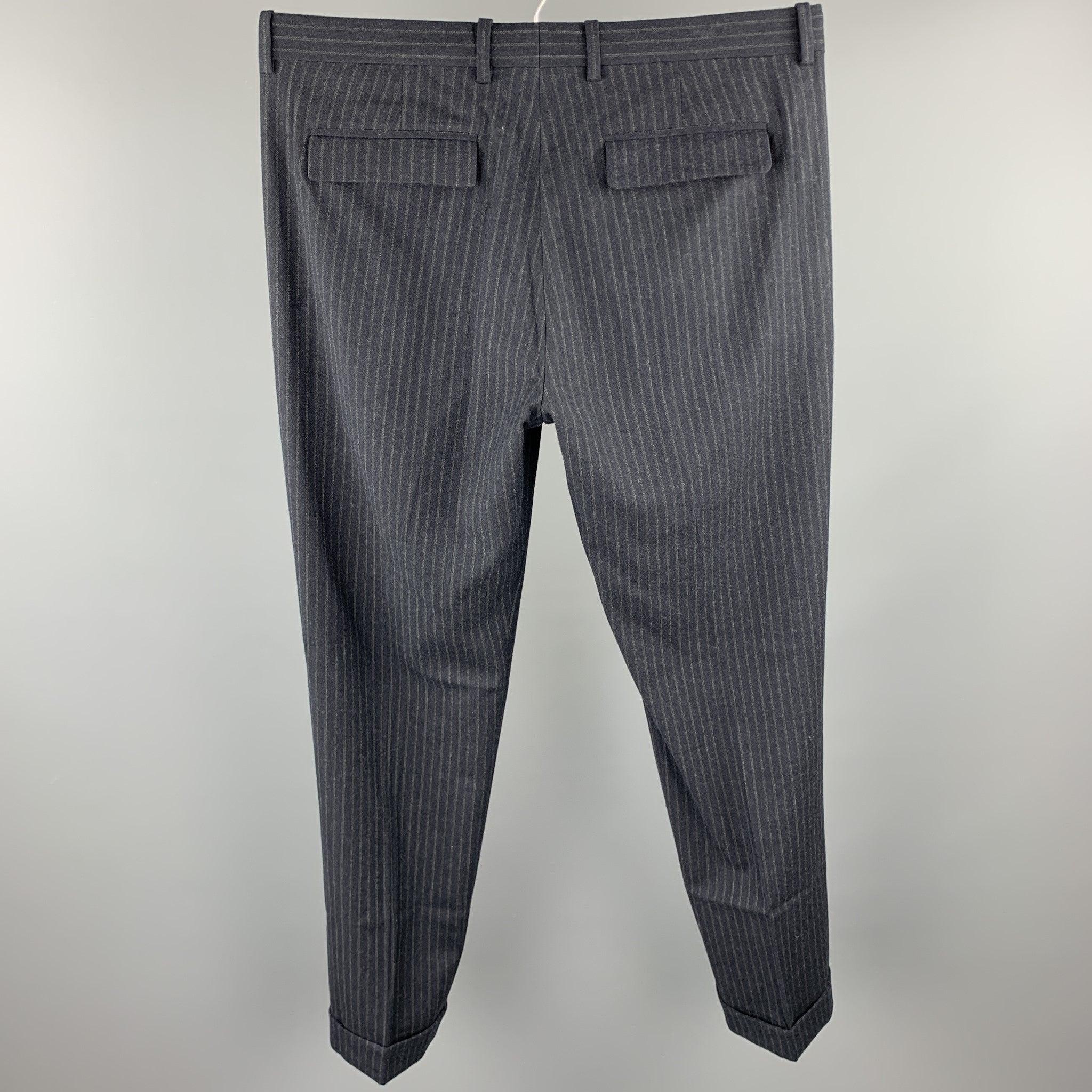 THEORY Size 34 Charcoal Stripe Wool Zip Fly Dress Pants In Good Condition For Sale In San Francisco, CA