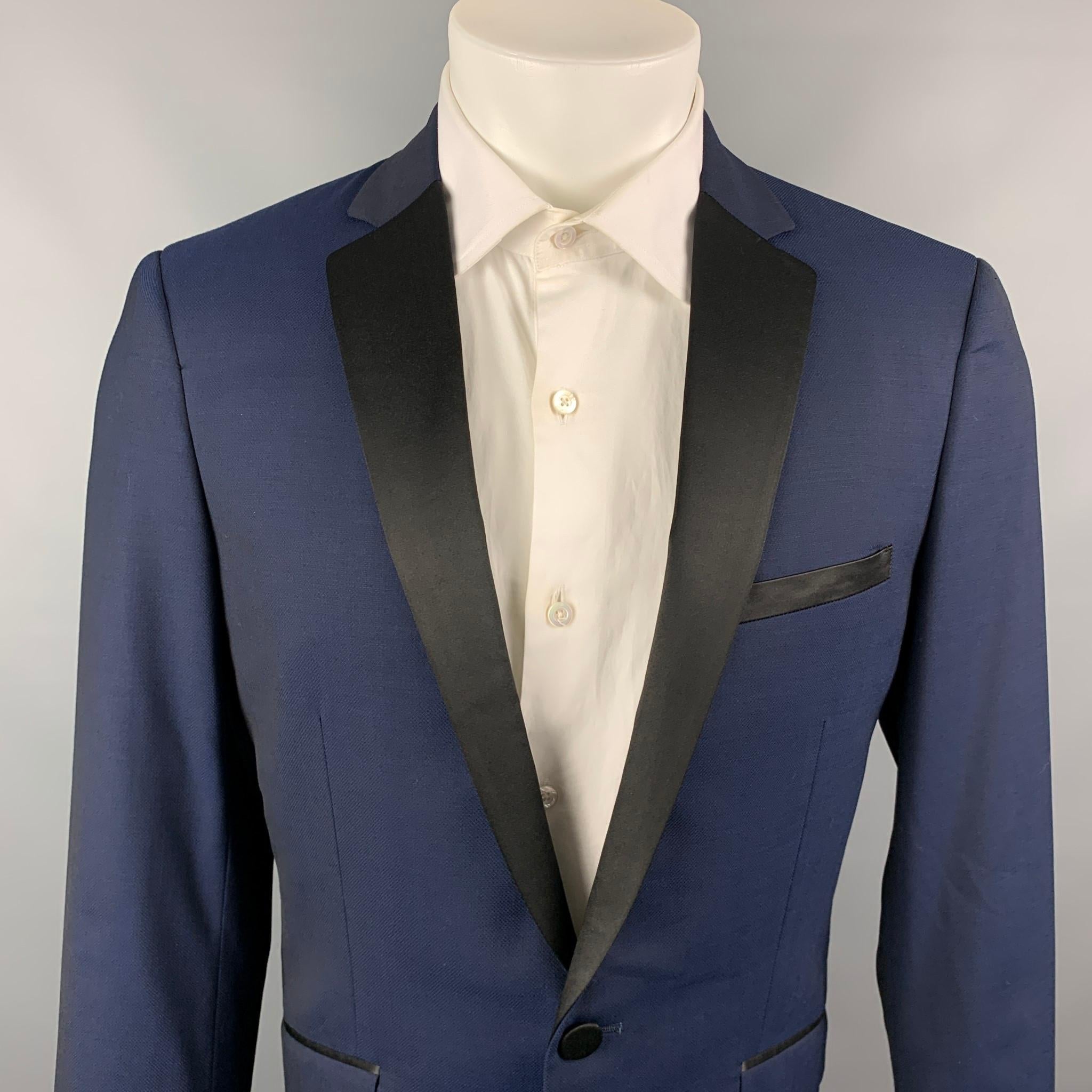 blue blazer with black lapel