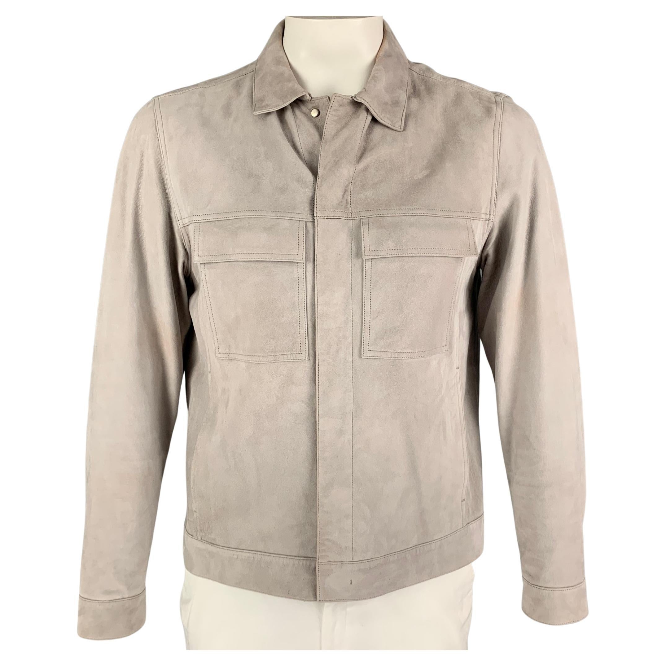 THEORY Size L Grey Light Grey Leather Snaps Jacket