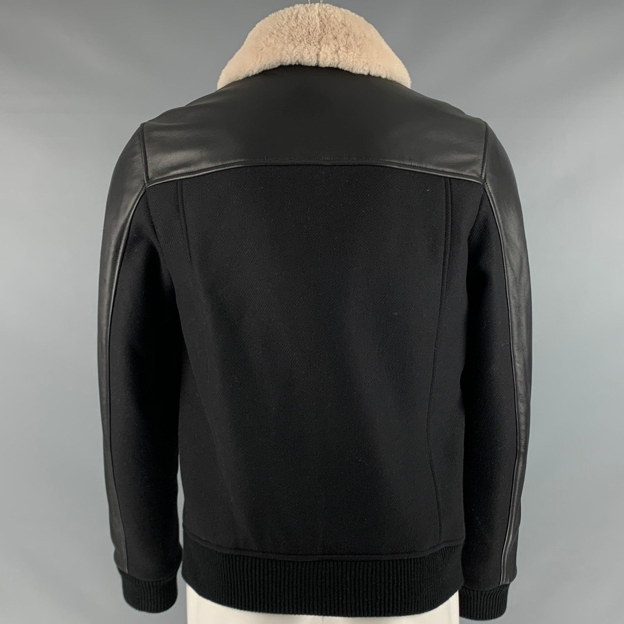 Men's THEORY Size M Black Cream Shearling Bomber Jacket For Sale