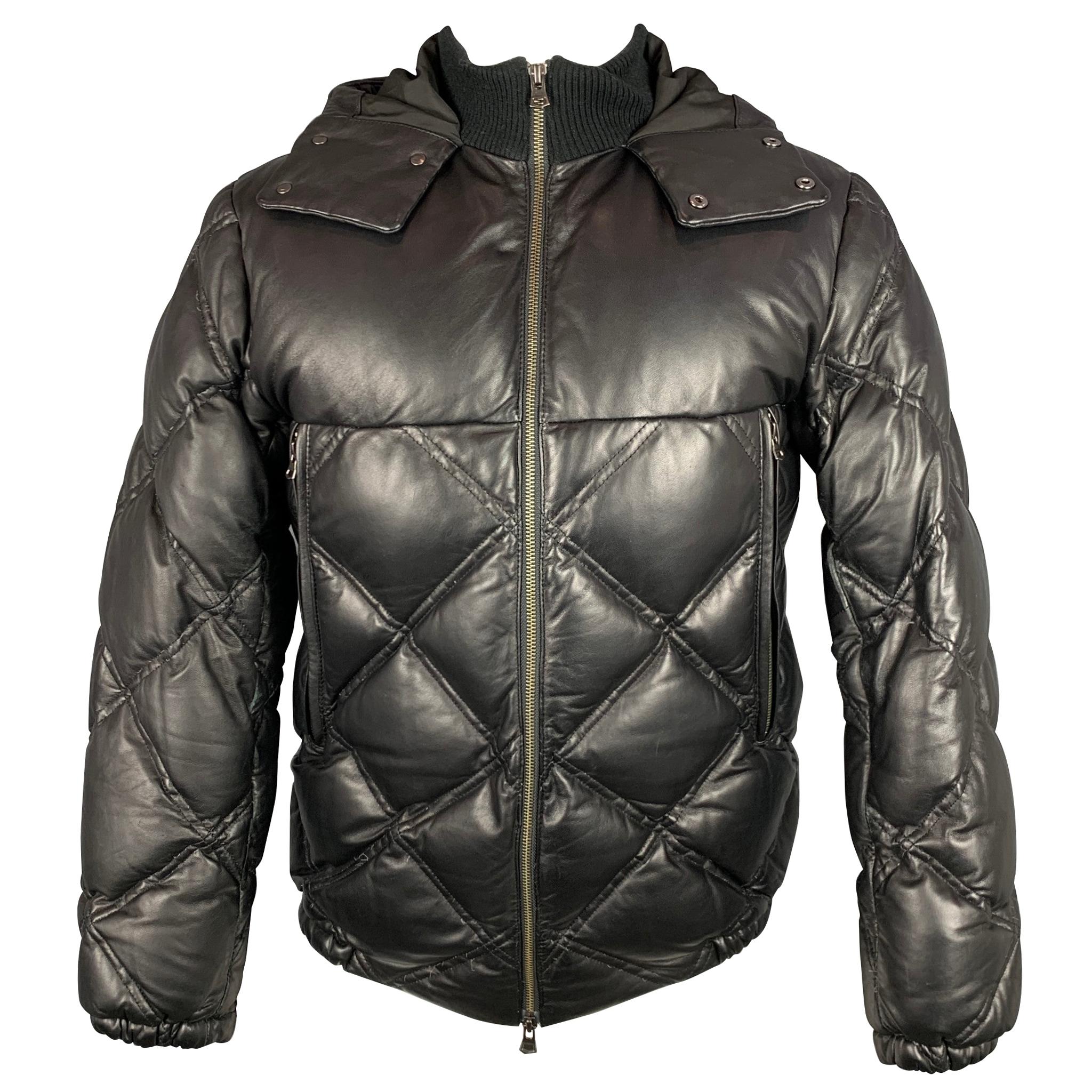 THEORY Size M Black Quilted Lamb Skin Leather Zip Up Hooded Jacket For Sale  at 1stDibs