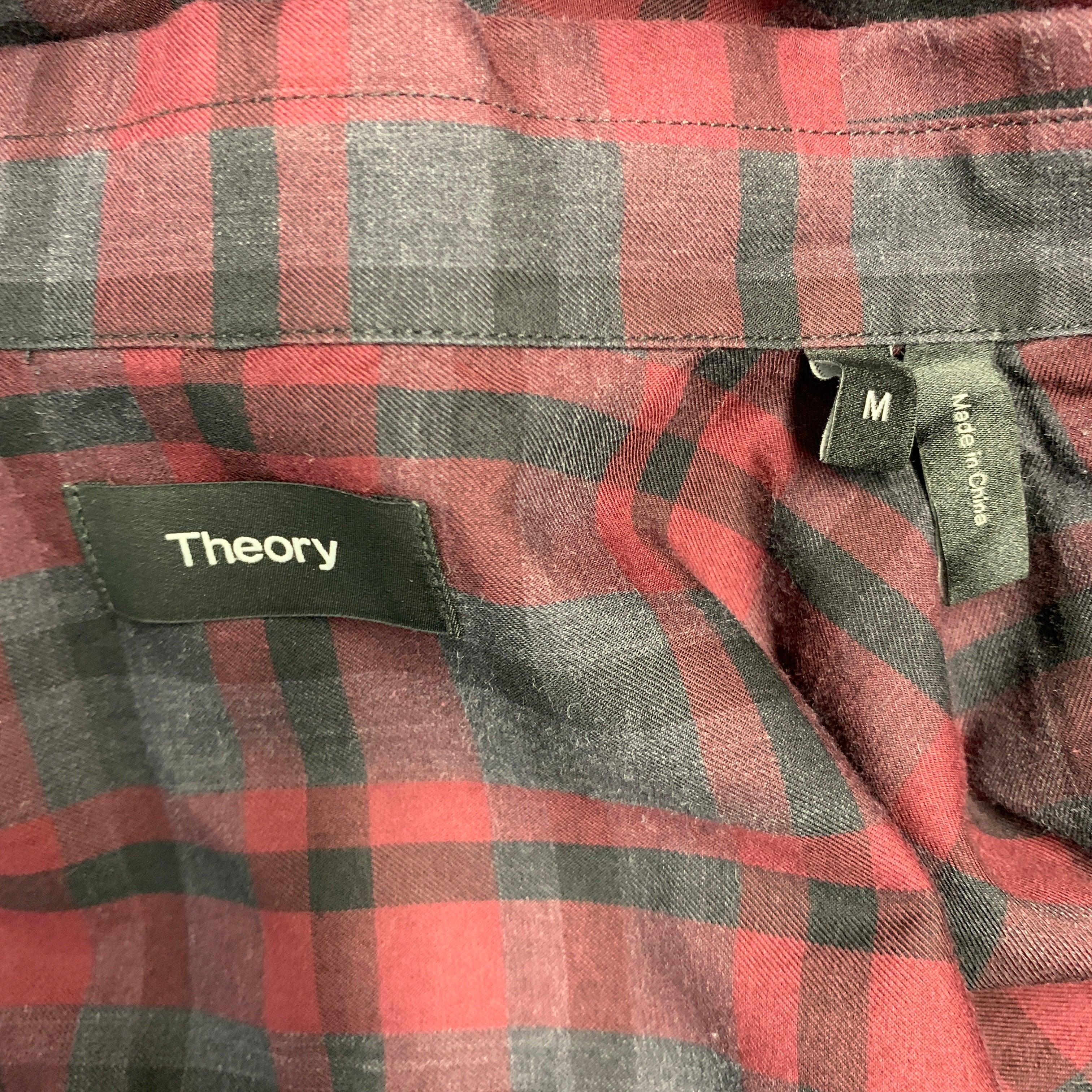 THEORY Size M Burgundy Charcoal Plaid Cotton Button Up Long Sleeve Shirt For Sale 1