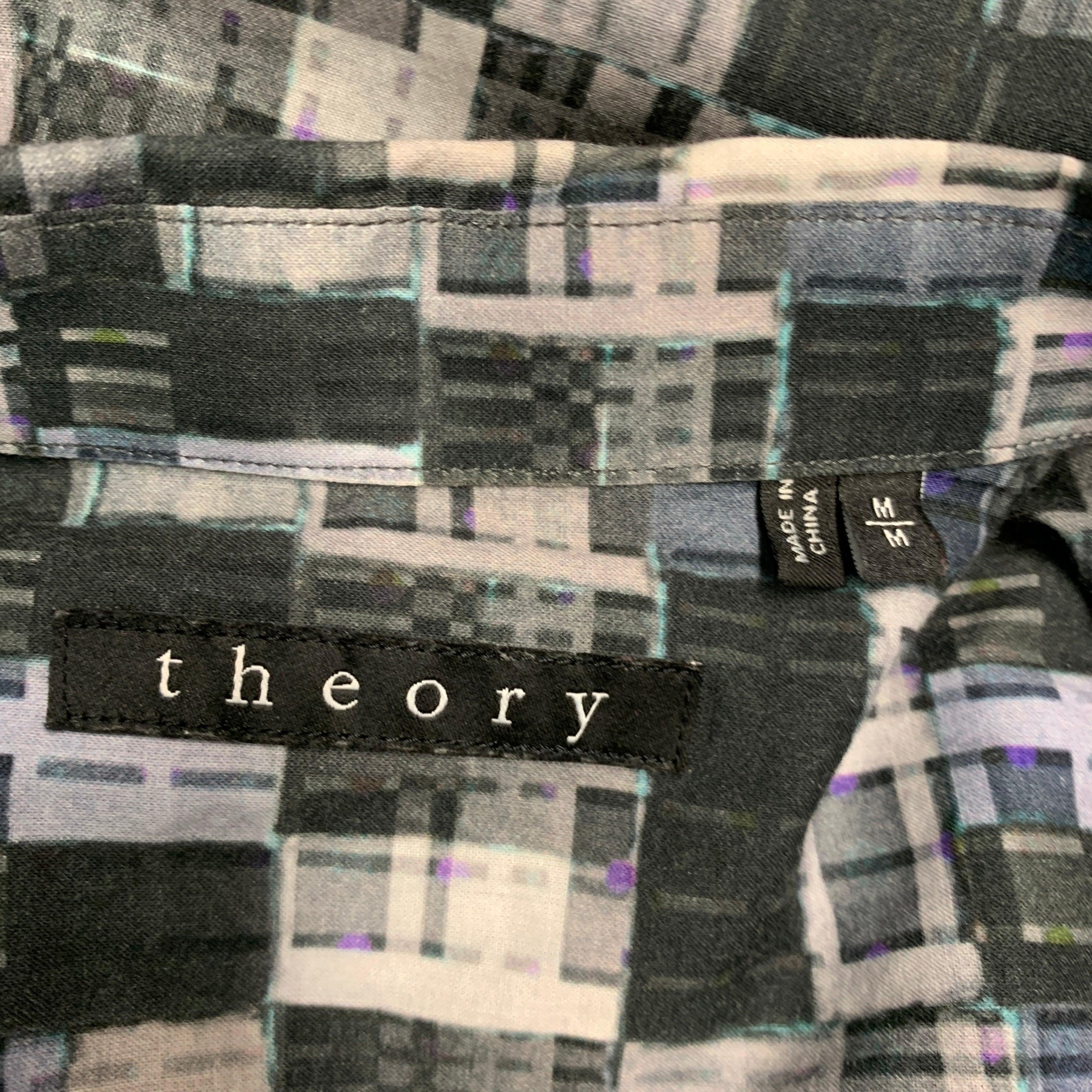 THEORY Size M Grey Multi Color Print Cotton Button Up Long Sleeve Shirt 2