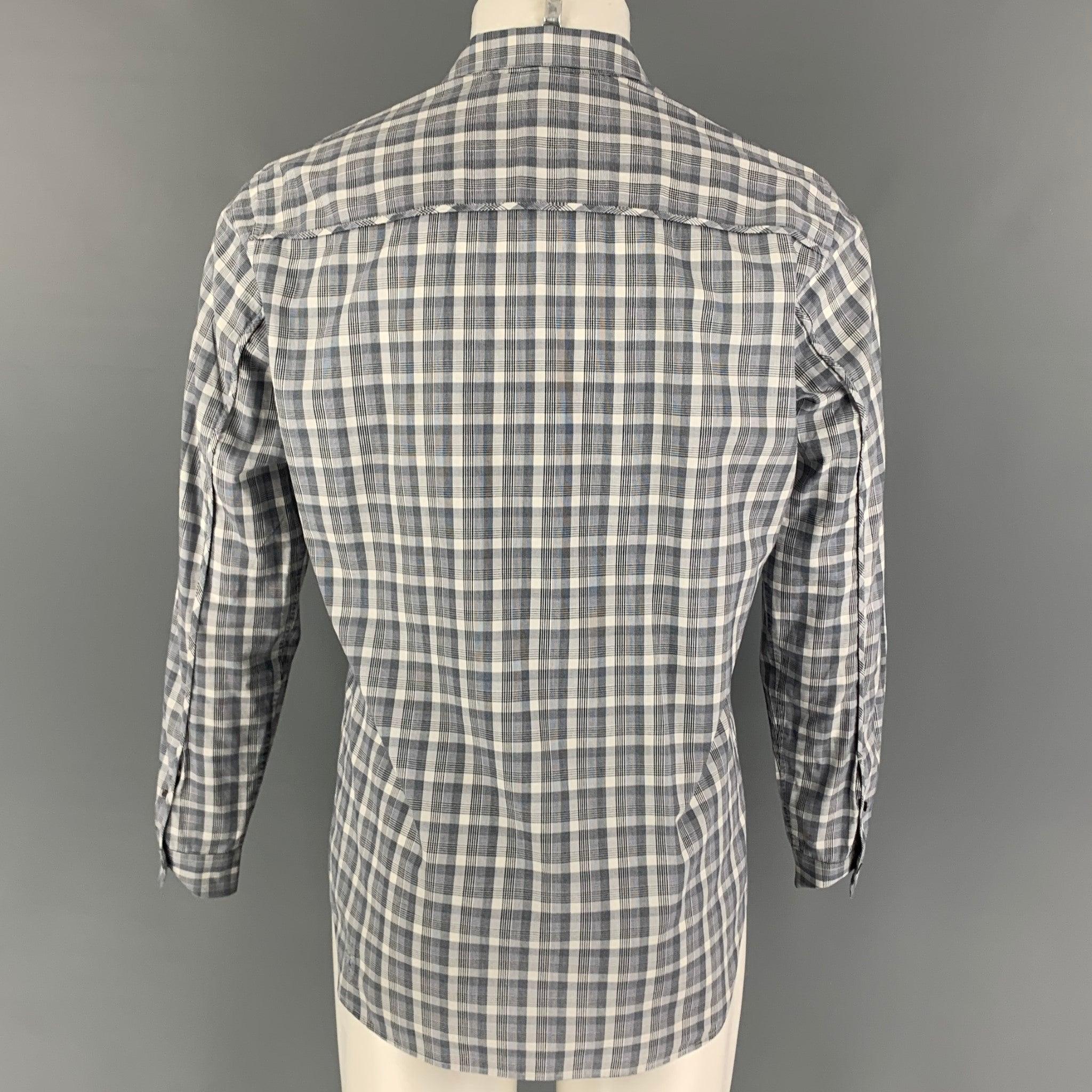 THEORY Size M Grey White Plaid Cotton Long Sleeve Shirt In Good Condition For Sale In San Francisco, CA