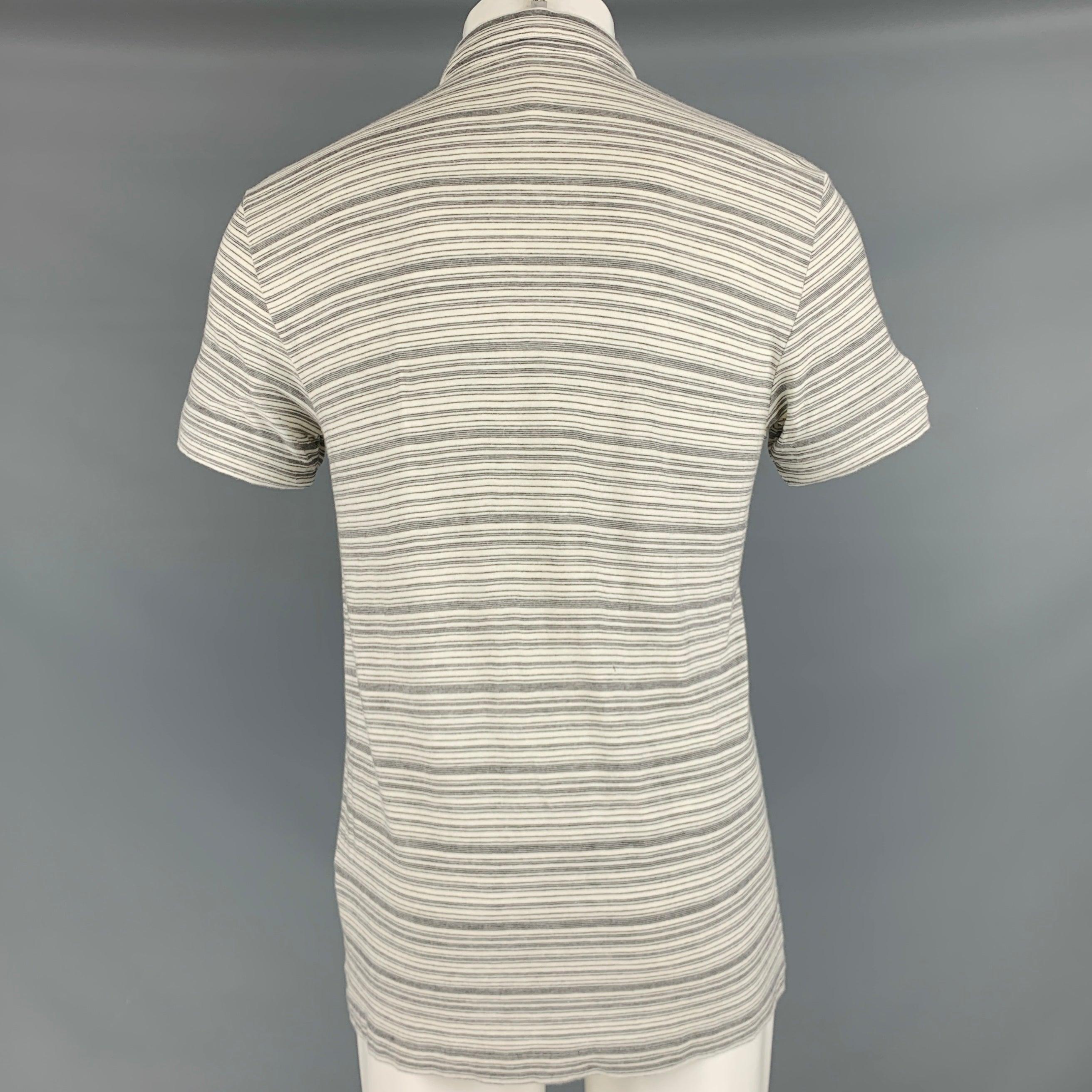 THEORY Size M White Grey Stripe Viscose Blend Short Sleeve Polo In Good Condition For Sale In San Francisco, CA