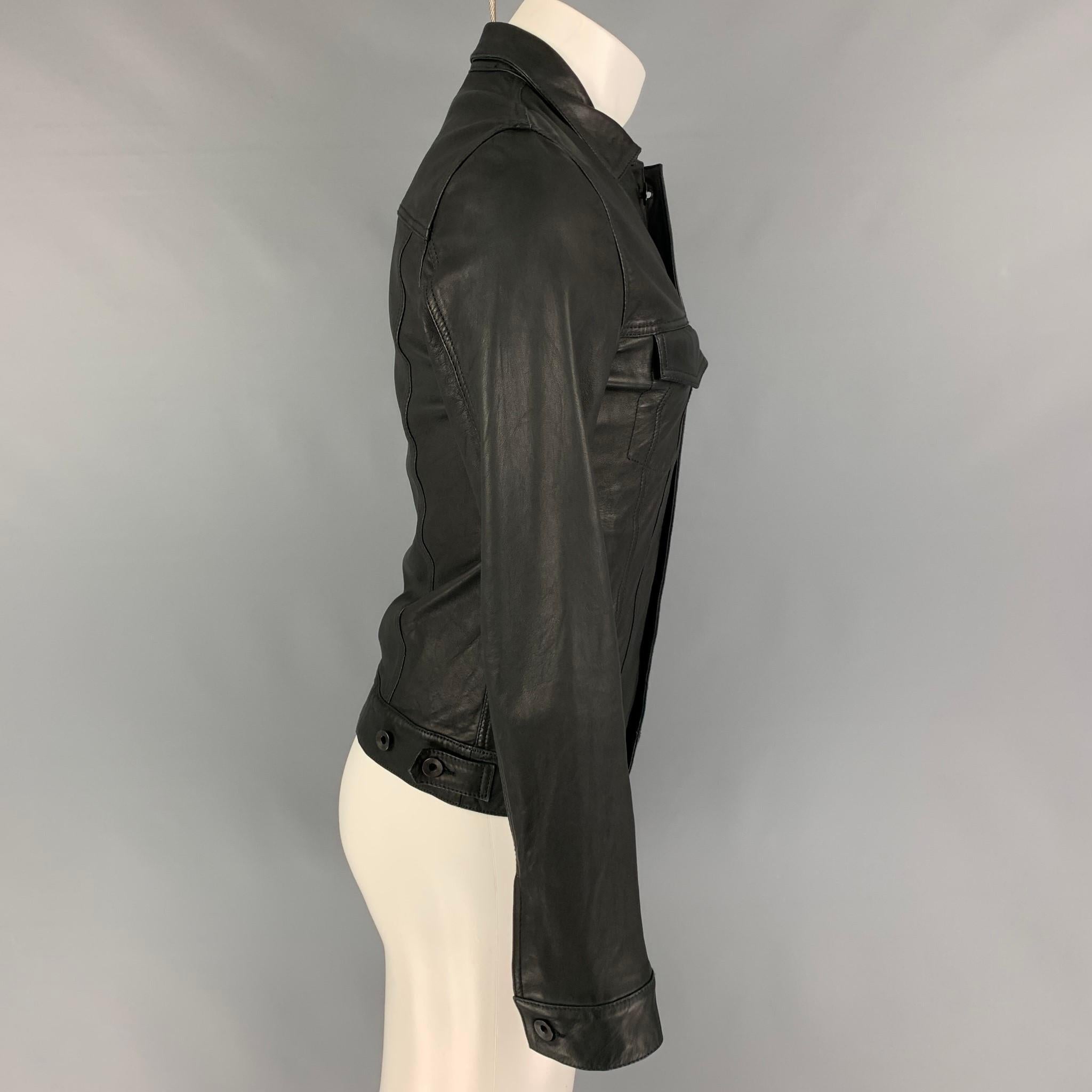 THEORY Size S Black Leather Trucker Jacket In Good Condition In San Francisco, CA