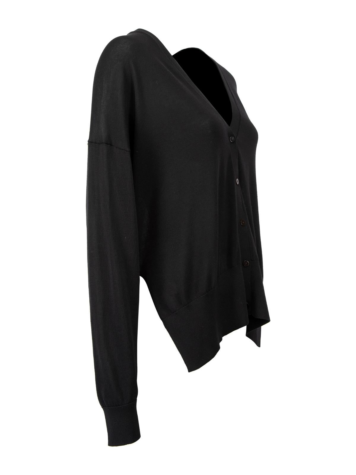 CONDITION is Never worn, with tags. No visible wear to cardigan is evident on this used Theory designer resale item. Details Black Cotton Drop hem Relaxed fit V-neck Button up front Long sleeves Ribbed neckline, cuffs and hemline Made in China