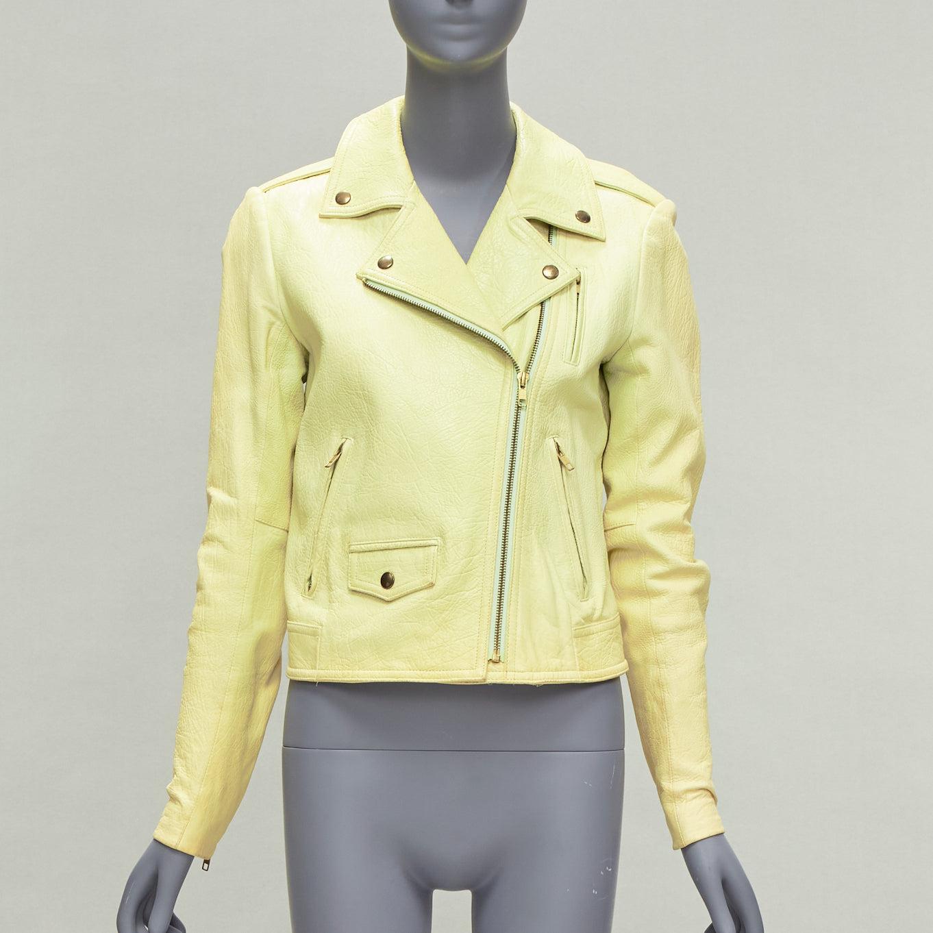 Beige THEORY yellow lambskin leather motorcycle biker jacket M For Sale