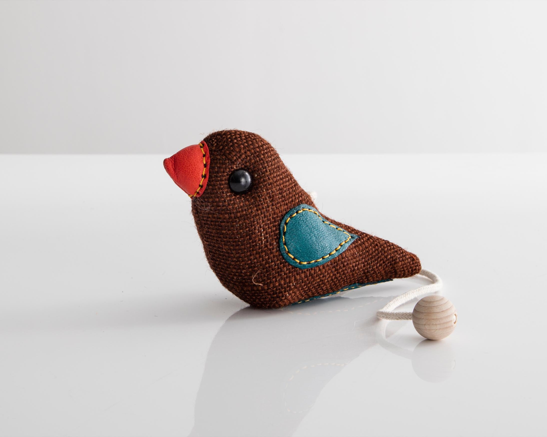 German Therapeutic Bird Toy in Brown Jute with Leather by Renate Müller, 1981-1982
