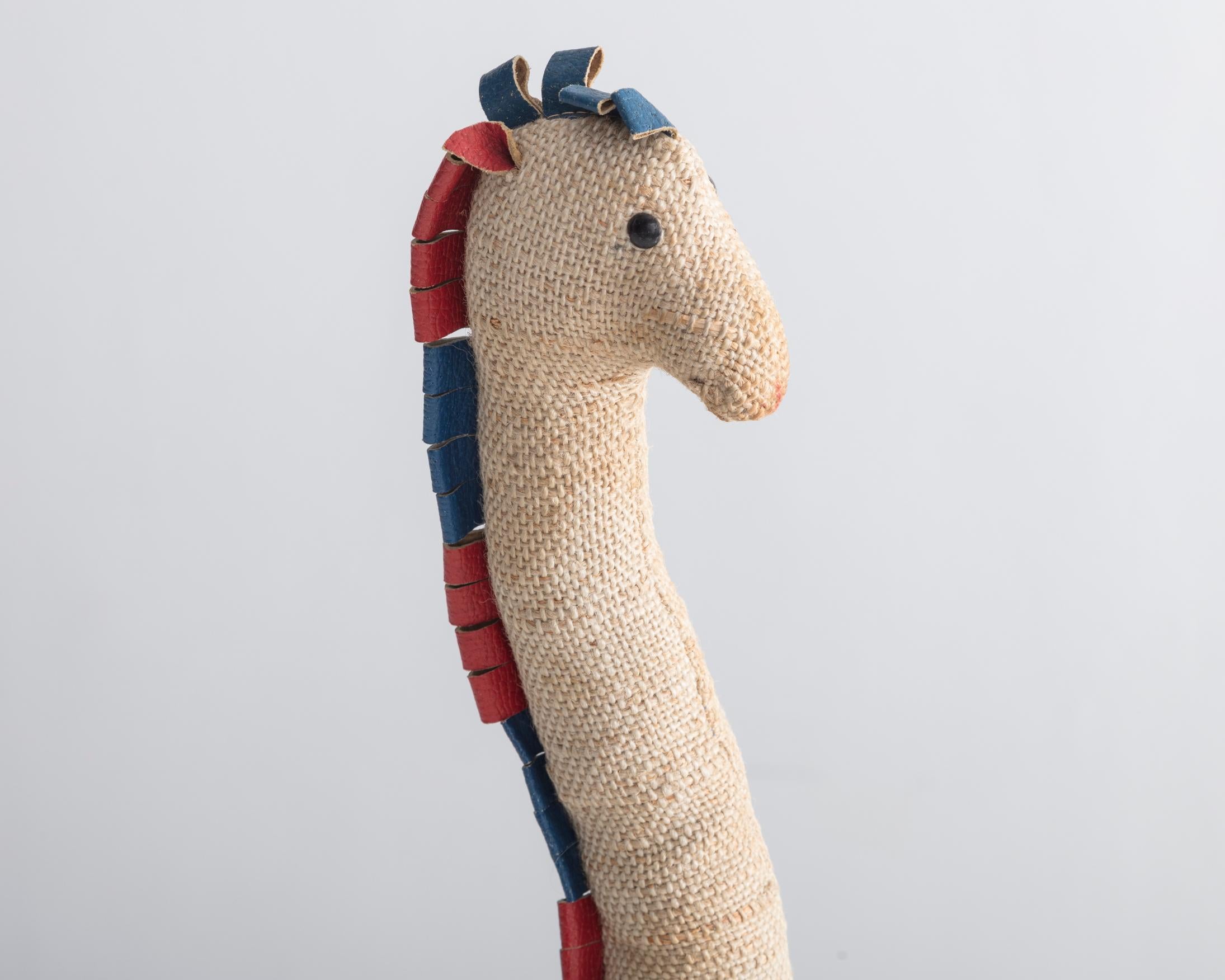 German Therapeutic Giraffe Toy in Jute and Leather by Renate Müller, circa 1968 For Sale