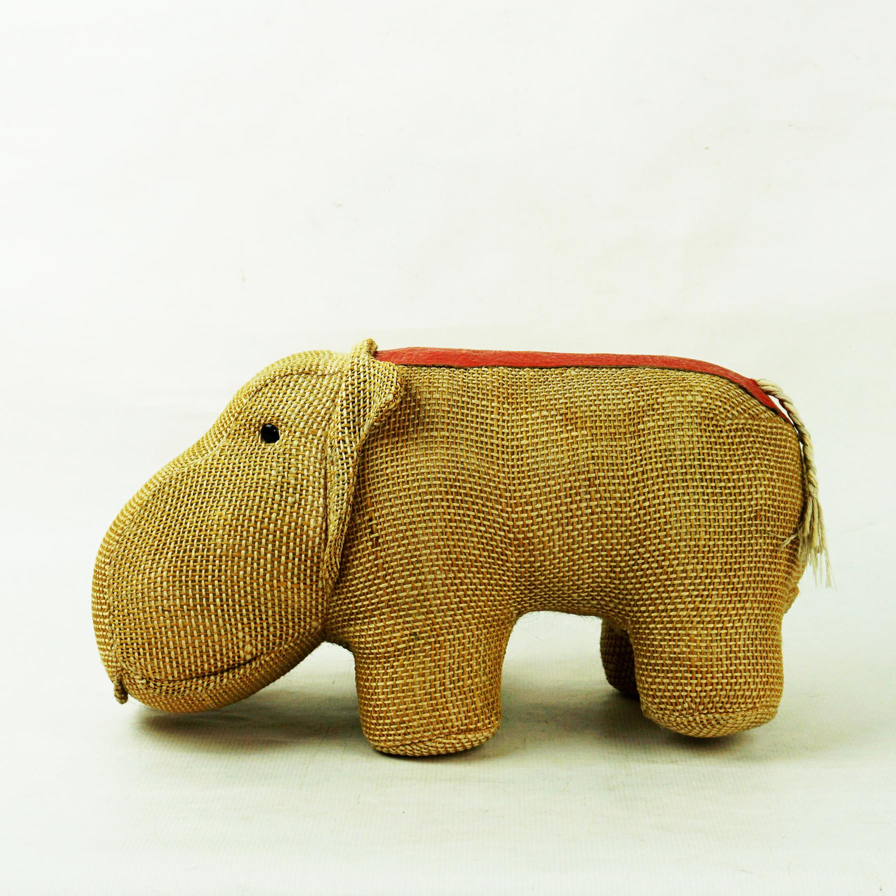 This authentic animal toy from the 1970s was designed by Renate Müller. Unique in shape and workmanship. This example shows hippo made of jute.?The high quality toy is handmade from ecologically acceptable materials. 
Renate Müller developed