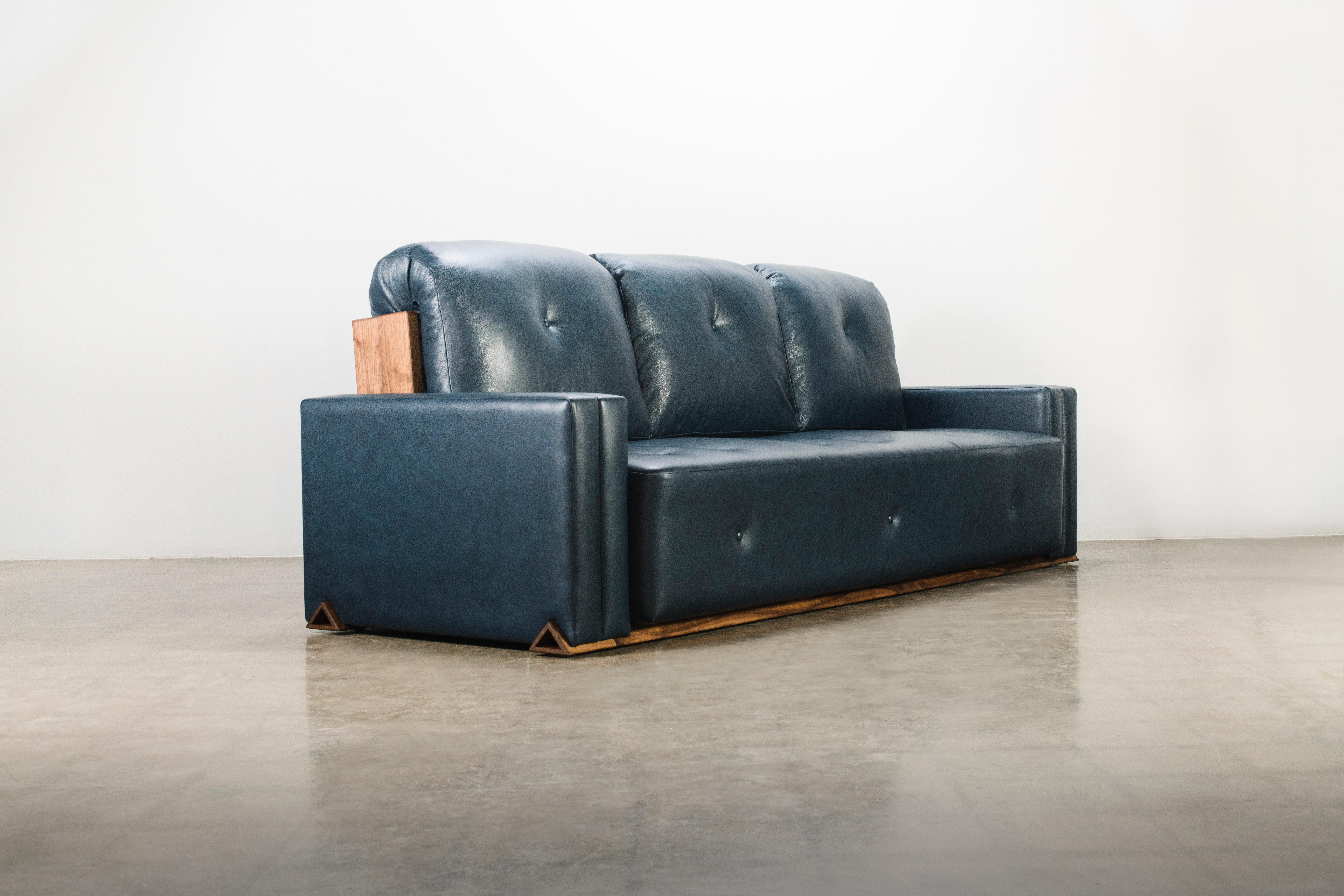 Hand-Crafted There, There Sofa by Levi Christiansen in Walnut and Ink Leather For Sale