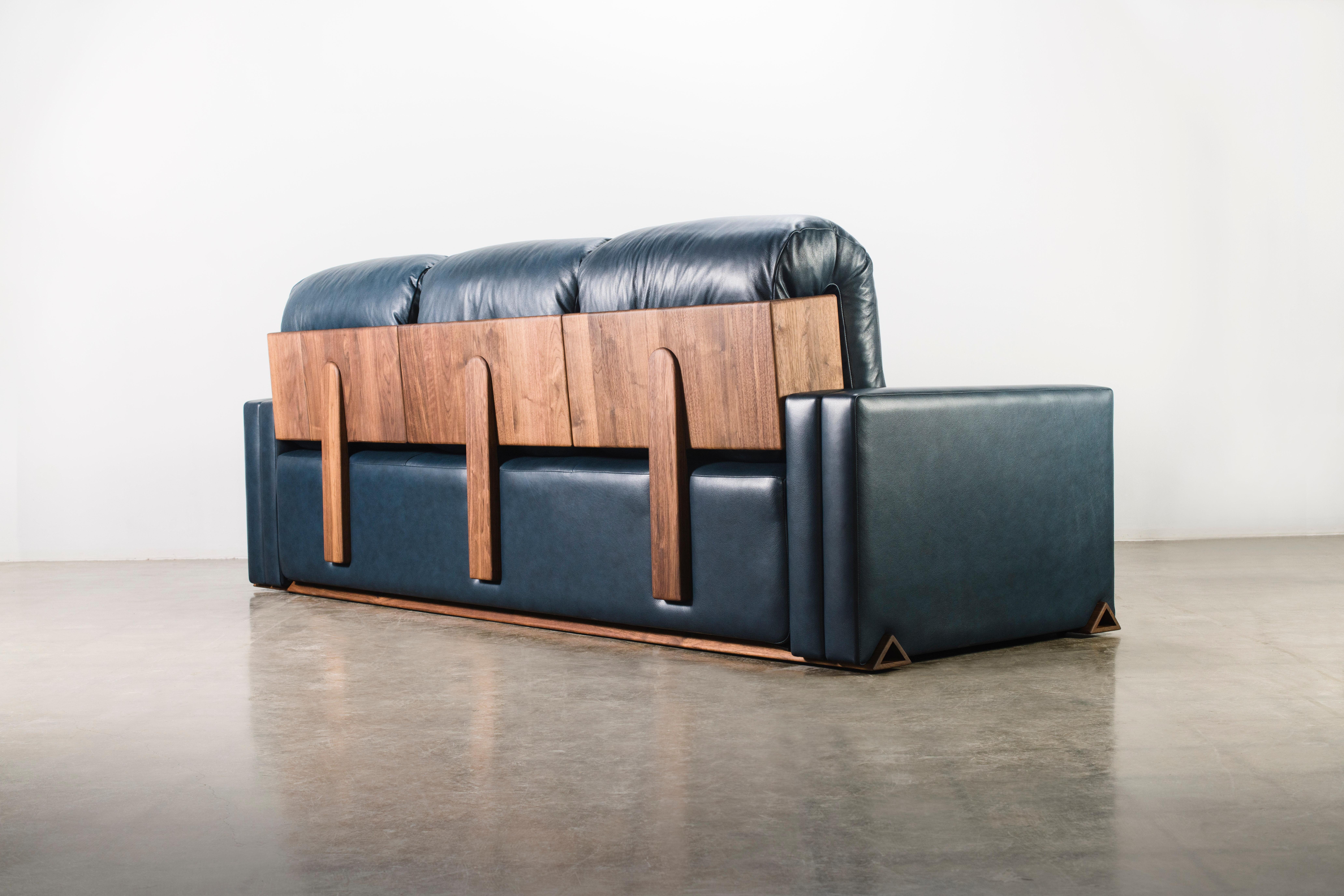 There, There Sofa by Levi Christiansen in Walnut and Ink Leather In New Condition For Sale In Tucson, AZ