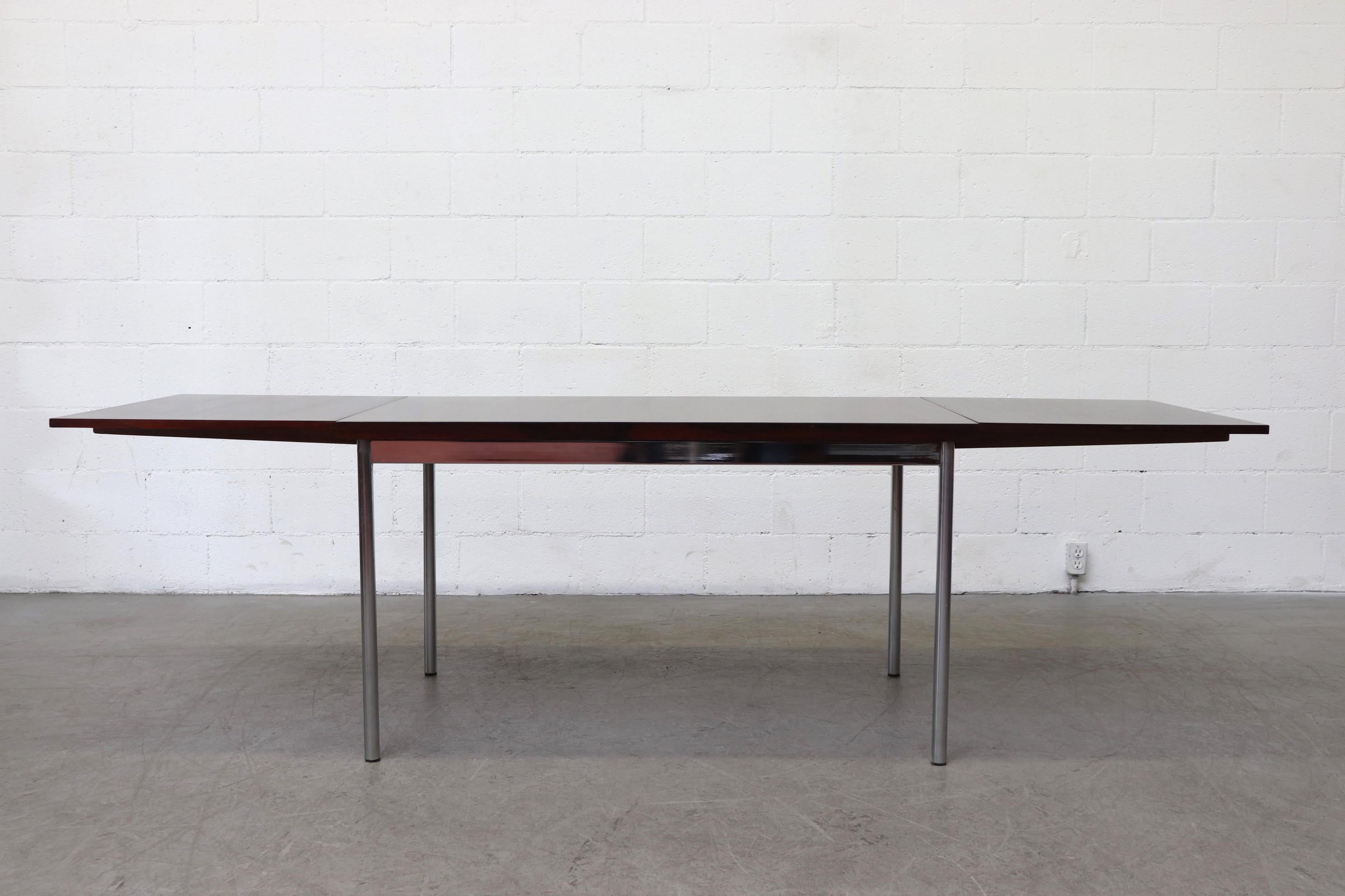 Dutch Thereca Rosewood and Chrome Dining Table with Leaf Extensions
