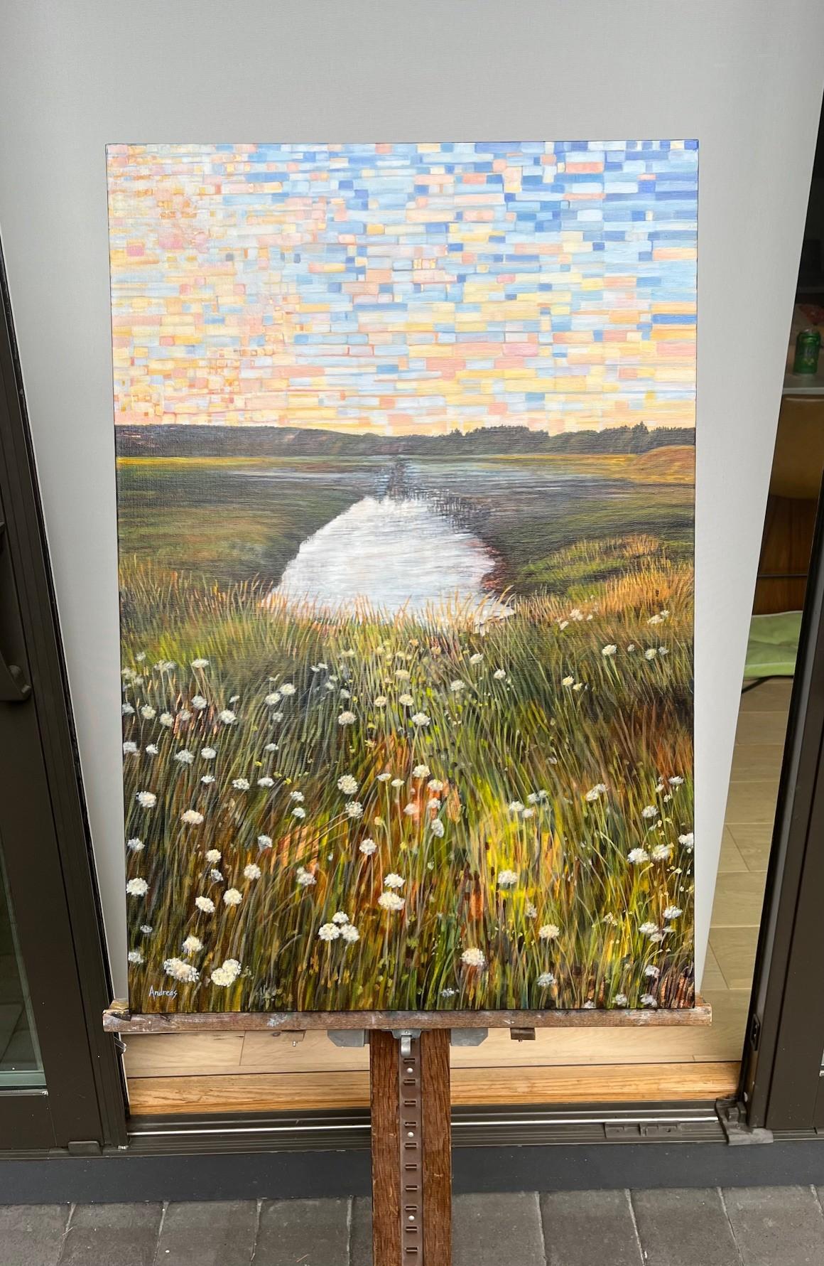 <p>Artist Comments<br>Soft blues, yellows, and pinks illuminate an evening sky rendered in a brick-like pattern. This application contrasts sharply with the organic flow of the landscape below. The fading sunset yields glints of light on the swaying
