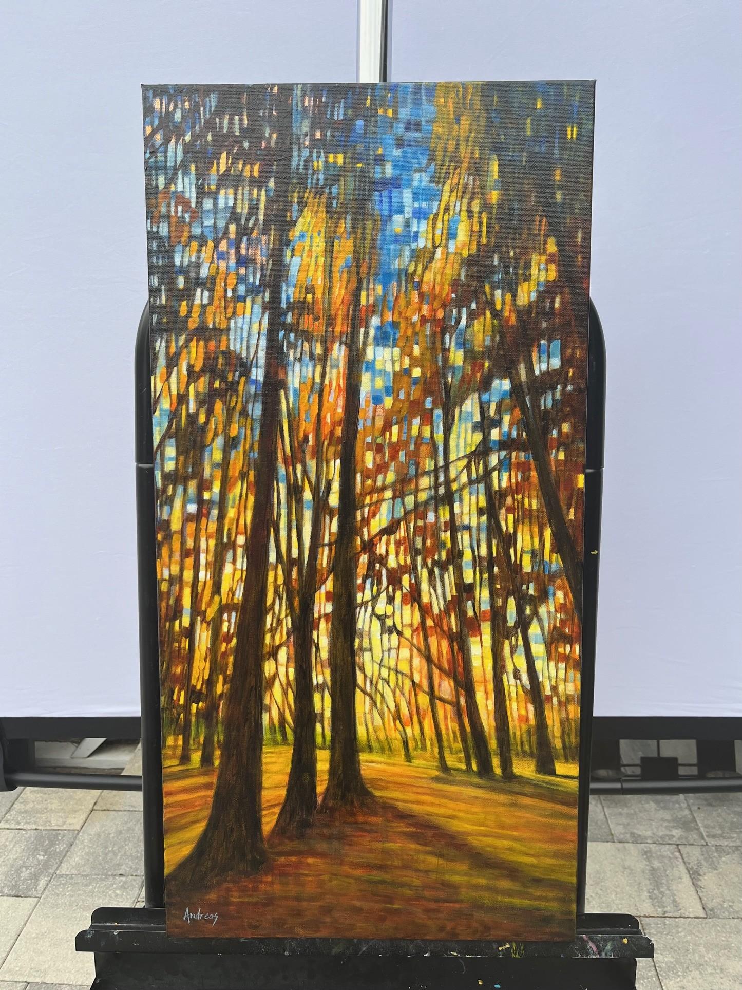 <p>Artist Comments<br>Towering trees line a path, their intersecting branches and leaves creating a portal. Red and orange striations with an embedded copper metal leaf illuminate the scene. Light circles bring the sun forward. This autumn landscape