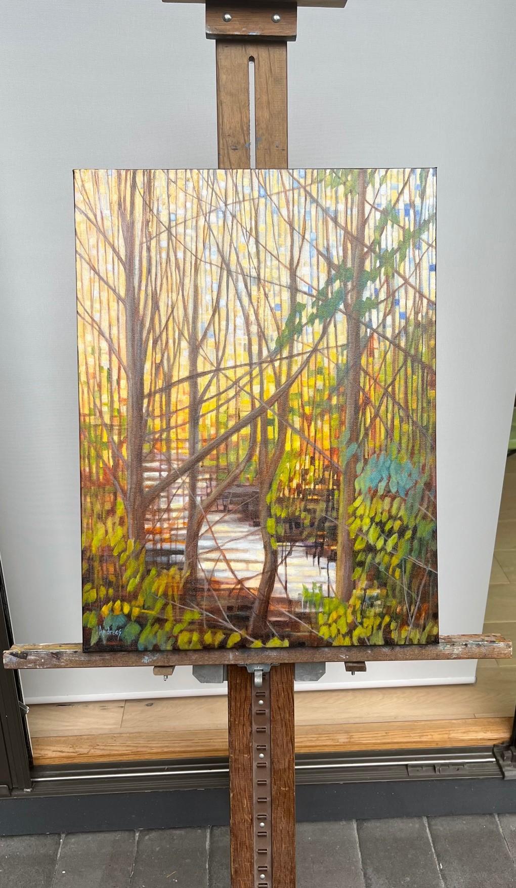 <p>Artist Comments<br>Tall, slender trees line a stream. The interwining branches cut through the yellow-green foliage and blue sky, creating a mosaic effect. Dappled light graces the ground and flowing water. This forest scene offers zen and a safe