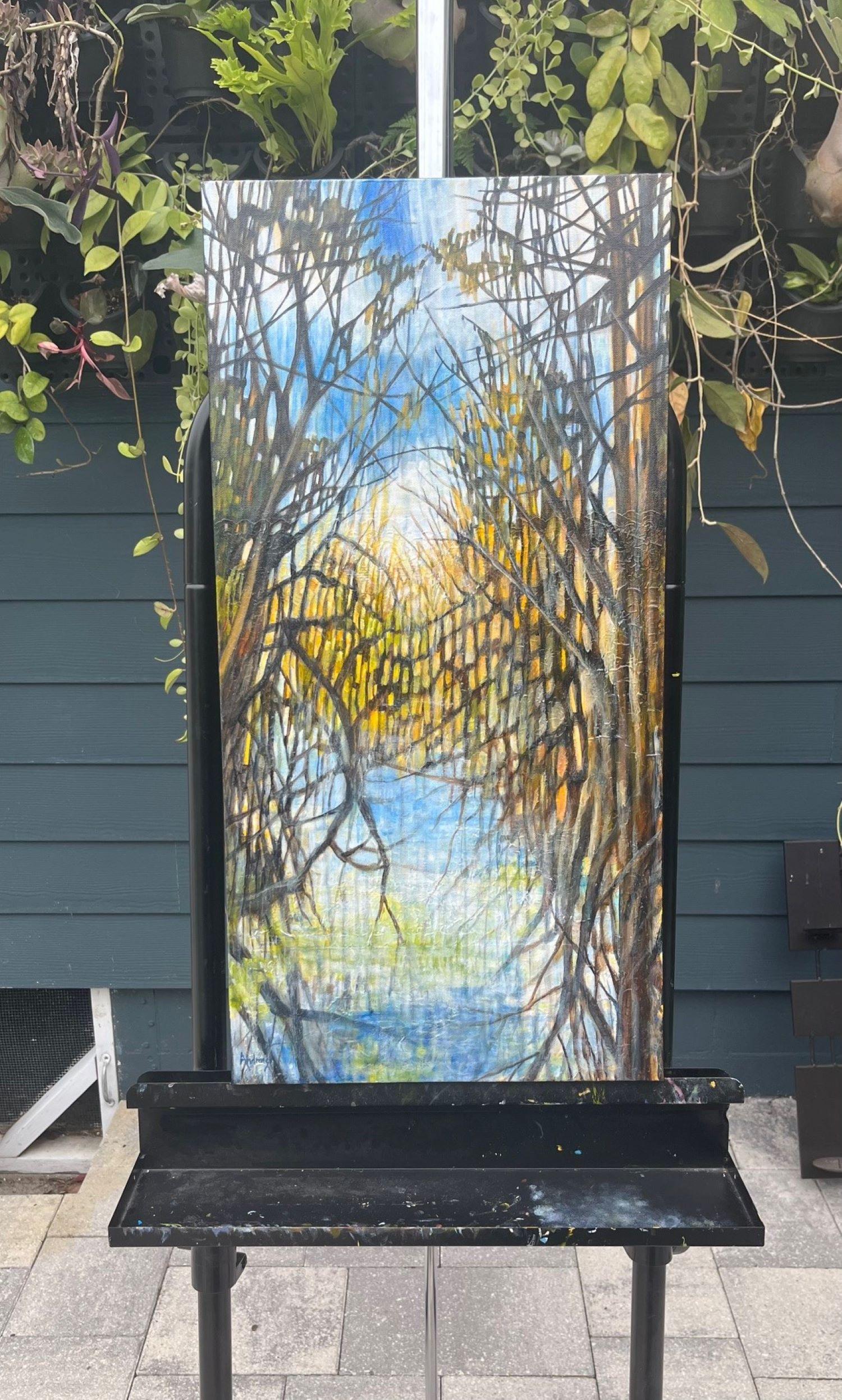 <p>Artist Comments<br>Pastel cerulean blues and gold colors fill the sky. Trees arch into a cathedral-like embrace, their reflections shimmering on the lagoon. Embedded ephemera adds movement to the water. The promise of spring unfolds in this