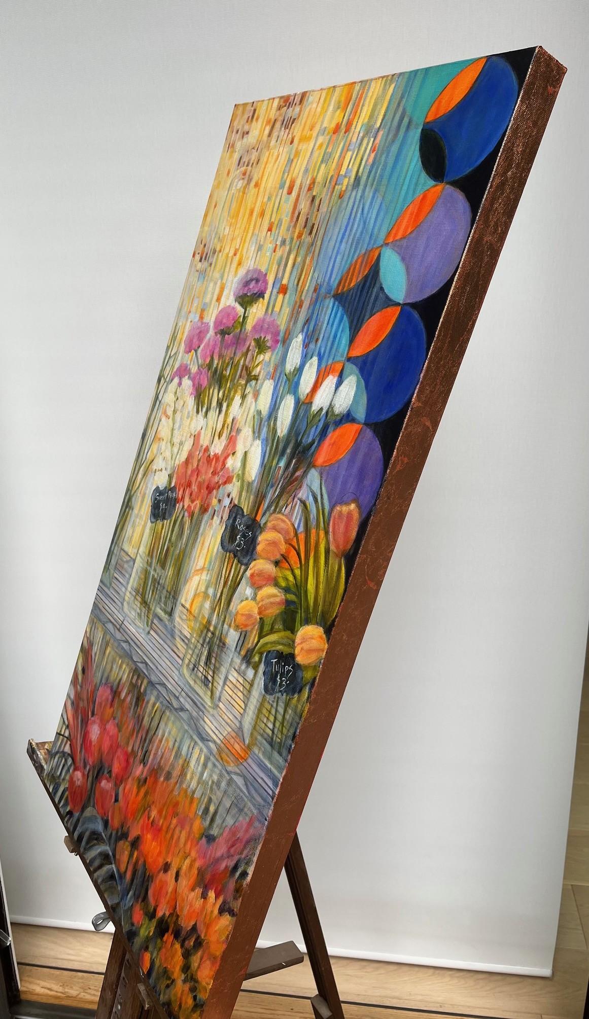<p>Artist Comments<br>Stems of orange tulips, white roses, and pink sweet peas add whimsy in a chilled showcase. Geometric patterns and copper metal leaf add intrigue to a spectrum of colors. The fresh flowers create a vibrant, inviting
