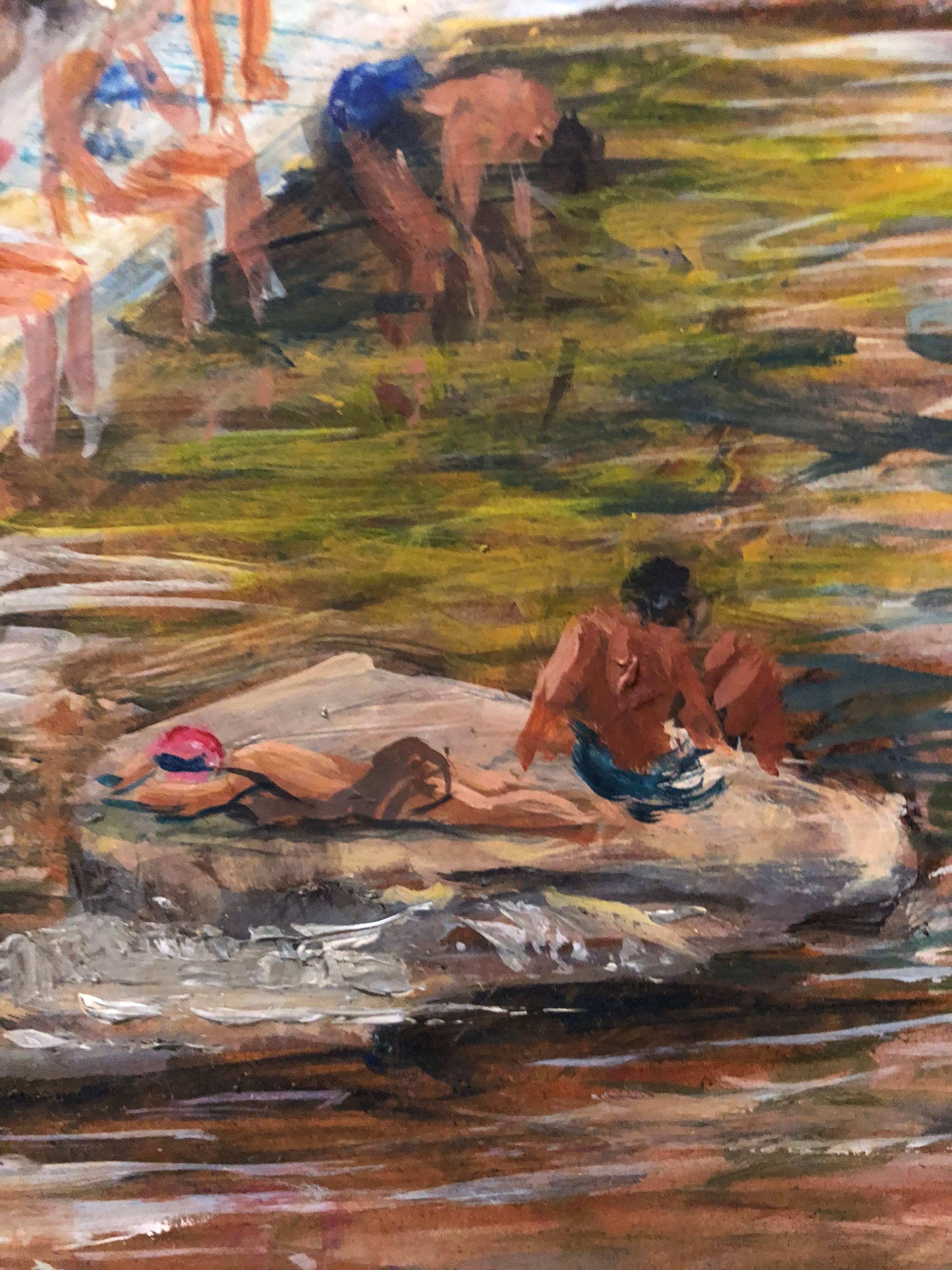 Swimmers and sun tanners at the local watering hole. 

Her birth name was Theresa Berney. At the time of her passing she was known as Theresa Loew.
Birth place: Baltimore
artist, block printer, drawing specialist, etcher, painter
Studied with Henry