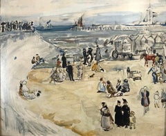 "Beach Wagons at Ostende, Belgique" Peinture à l'huile polonaise et américaine du 20e siècle