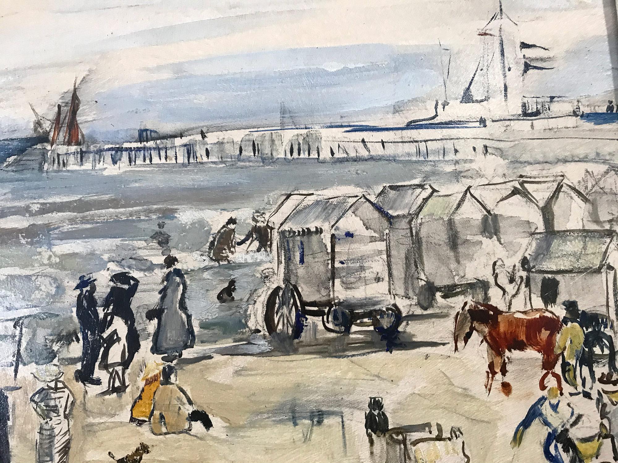 The Beach Wagons at Ostende, Belgium is a beautiful oil on board by Theresa F. Bernstein. The bold lines and strong contrasts make Berstein's work so striking and captivating. The beach is executed with many details of numerous figures spread across