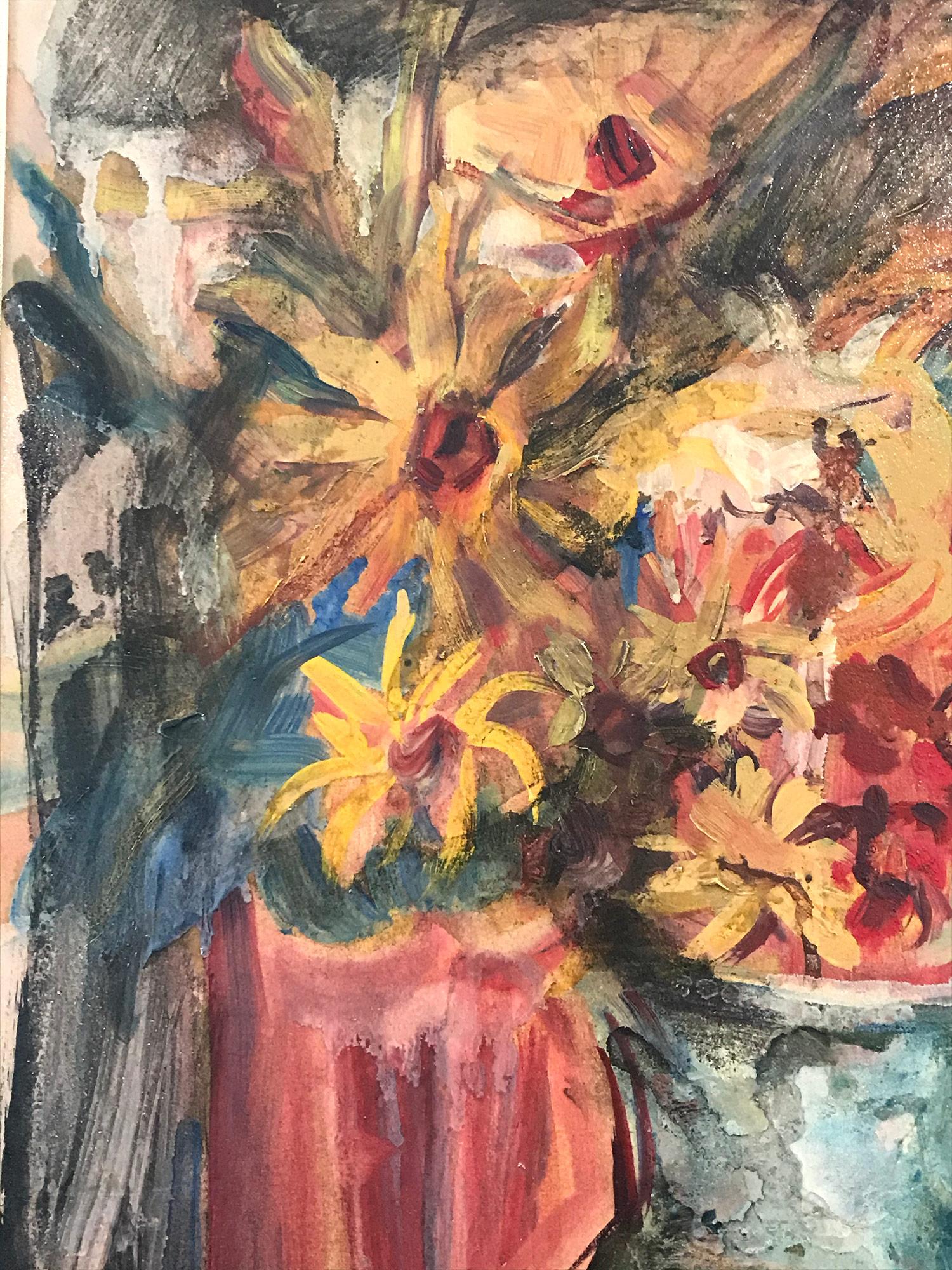 Une représentation moderne des Fleurs du Soleil par Theresa F. Bernstein. Les couleurs vives et les forts contrastes rendent l'œuvre de Berstein si frappante et captivante. Les fleurs sont exécutées avec des pétales audacieux et des couleurs