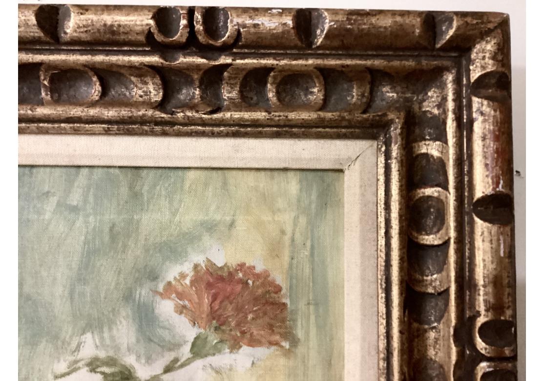 Oil on canvas depicting a still life with a teapot, fruit, vase with flowers on a rustic wooden table with a draped cloth.
Signed lower right Tess Bernstein and dated indistinctly.
Presented in a carved gilt frame with linen mat.
Dimensions:
