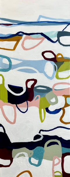 Vertikales abstraktes gerahmtes Gemälde „Melody“ von Theresa Girard, Rosa, Blau, Weiß
