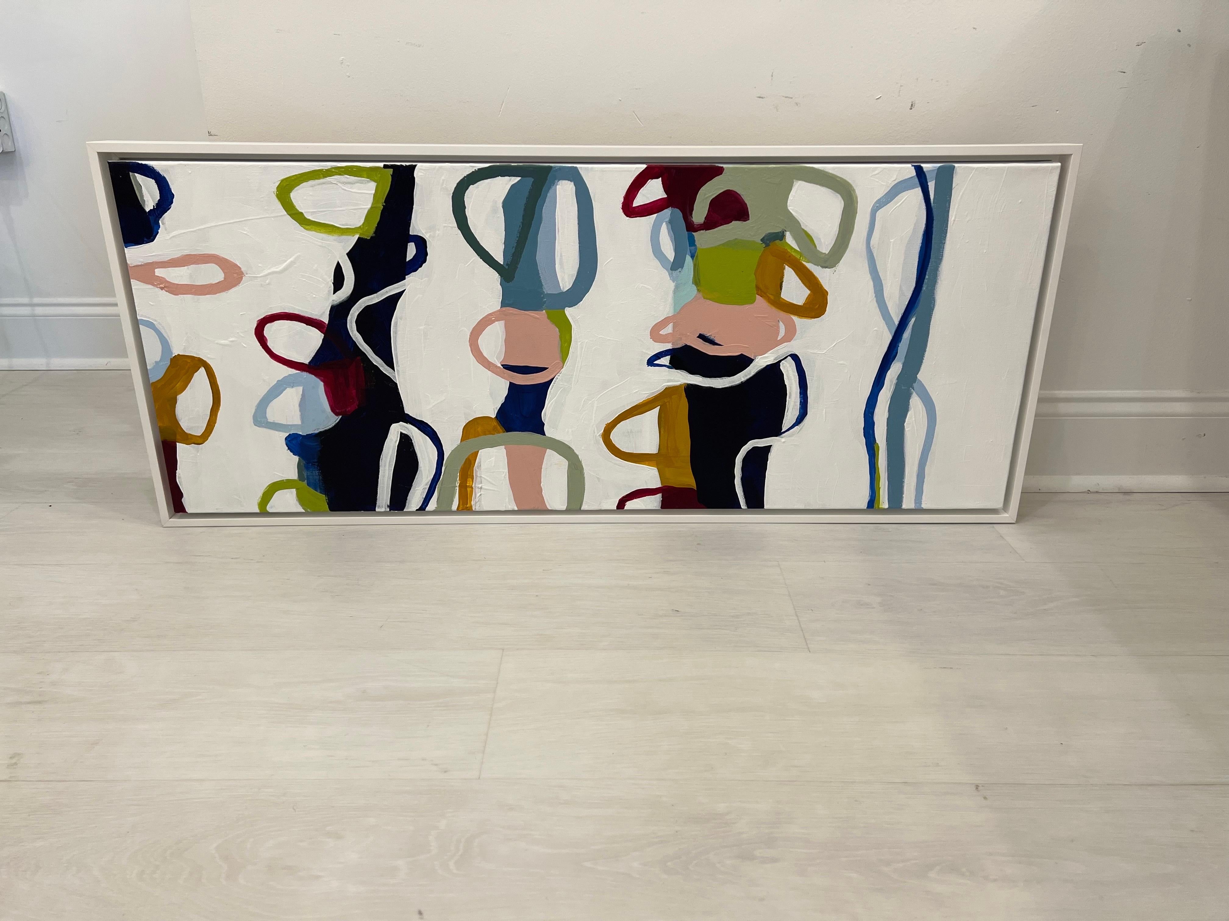 Ritmo di Theresa Girard, quadro astratto verticale con cornice, arancione, blu, bianco 2